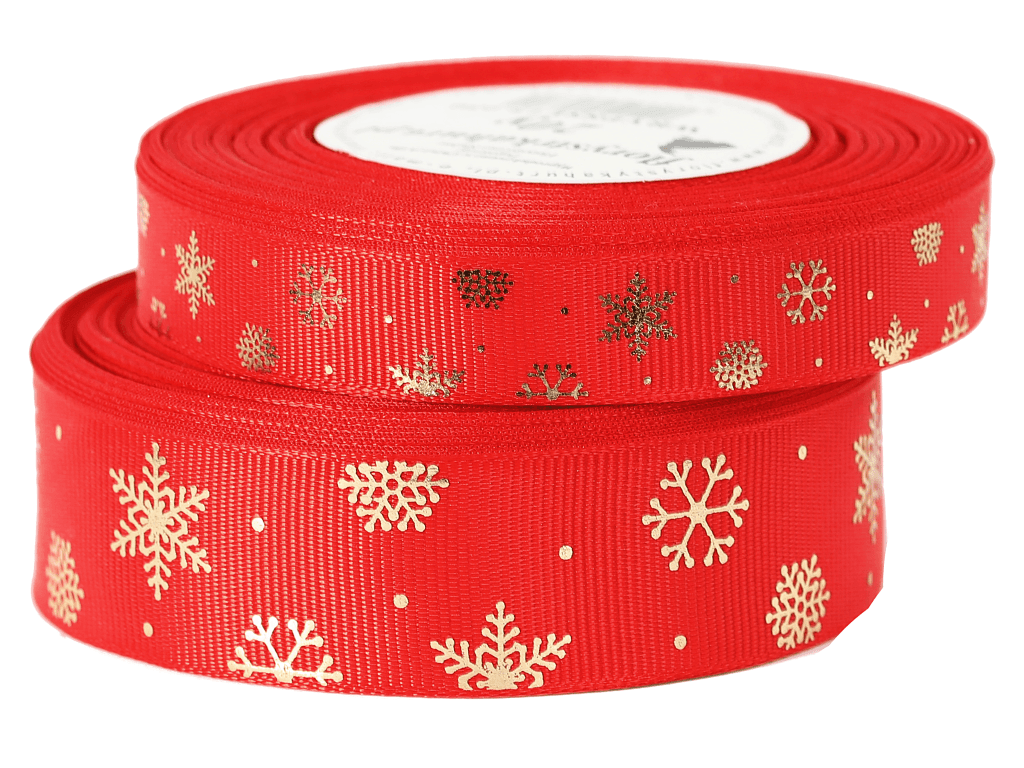 Wstążka rypsowa w śnieżynki, 15mm/18mb, czerwona