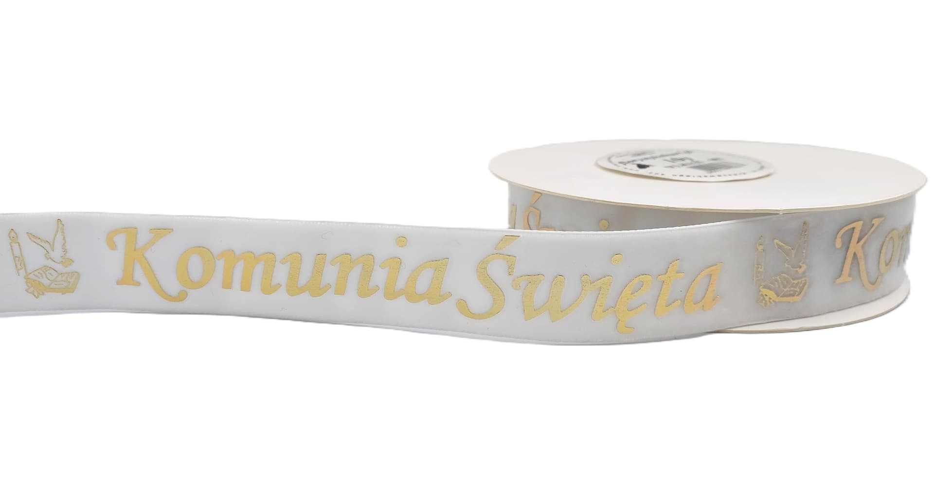 Wstążka velvetowa Komunia Święta, 25mm/9mb, biała