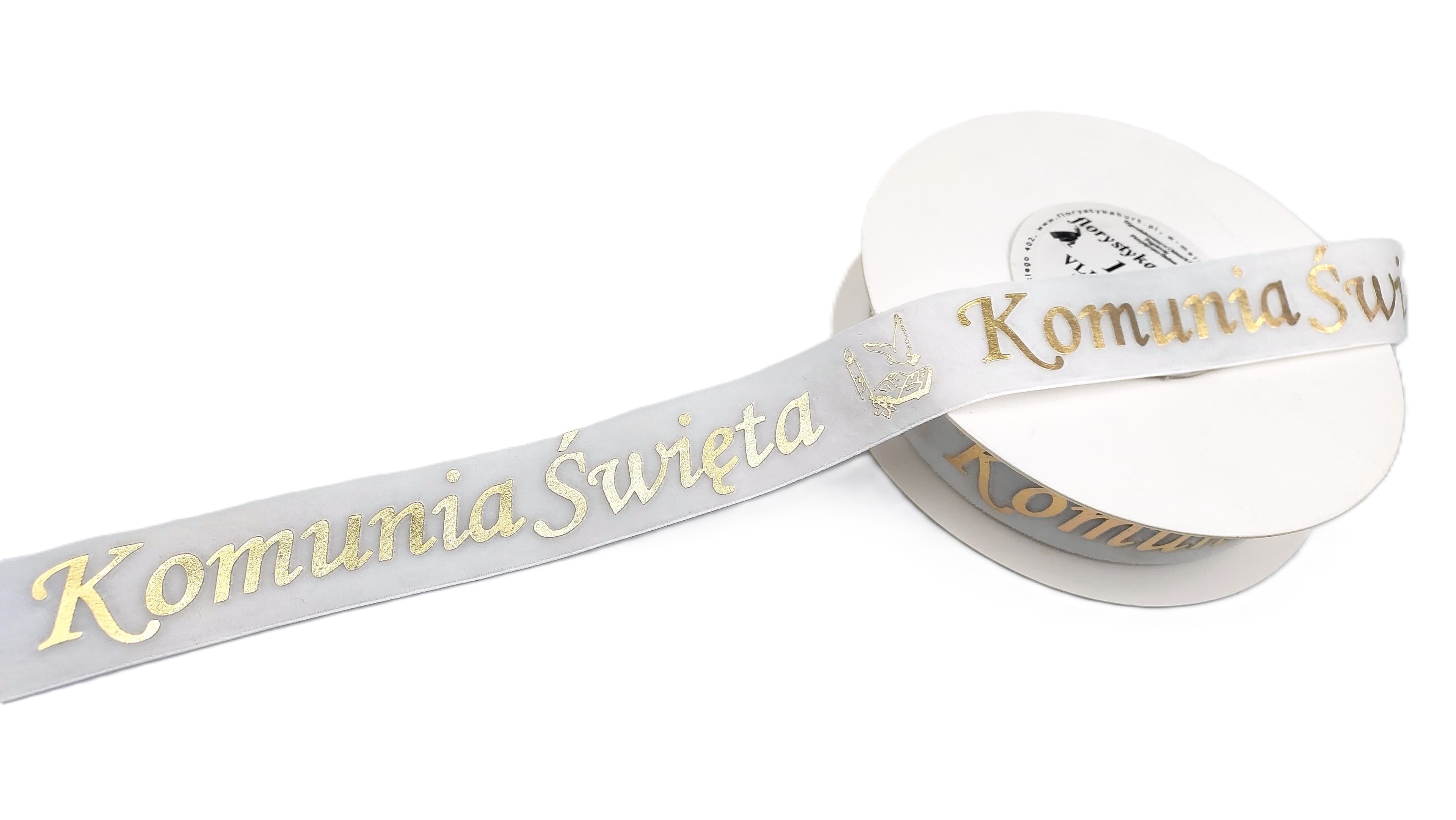 Wstążka velvetowa Komunia Święta, 25mm/9mb, biała