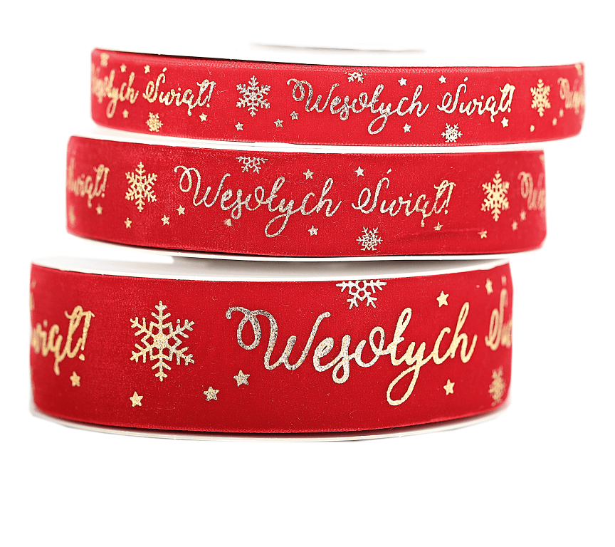 Wstążka velvetowa Wesołych Swiat 19mm/9mb czerwona
