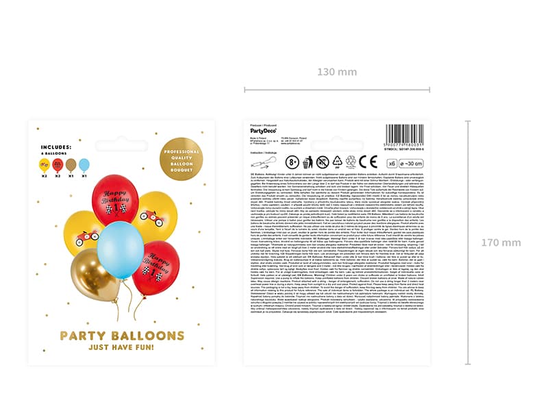 Balony 30cm, Happy Birthday samochód, mix, 6 szt.