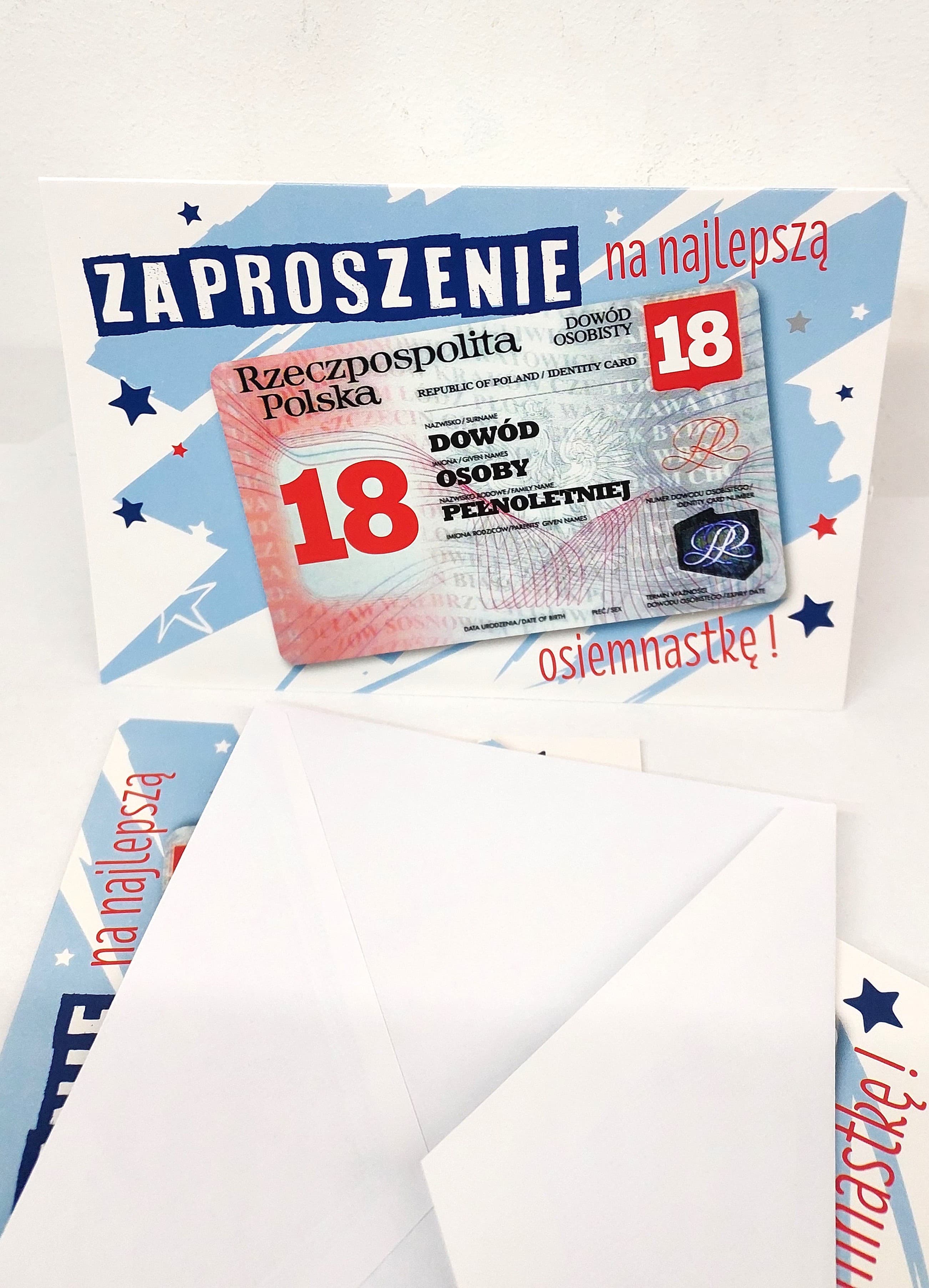 Zaproszenie niebieski DOWÓD 18 URODZINY, 1 szt.