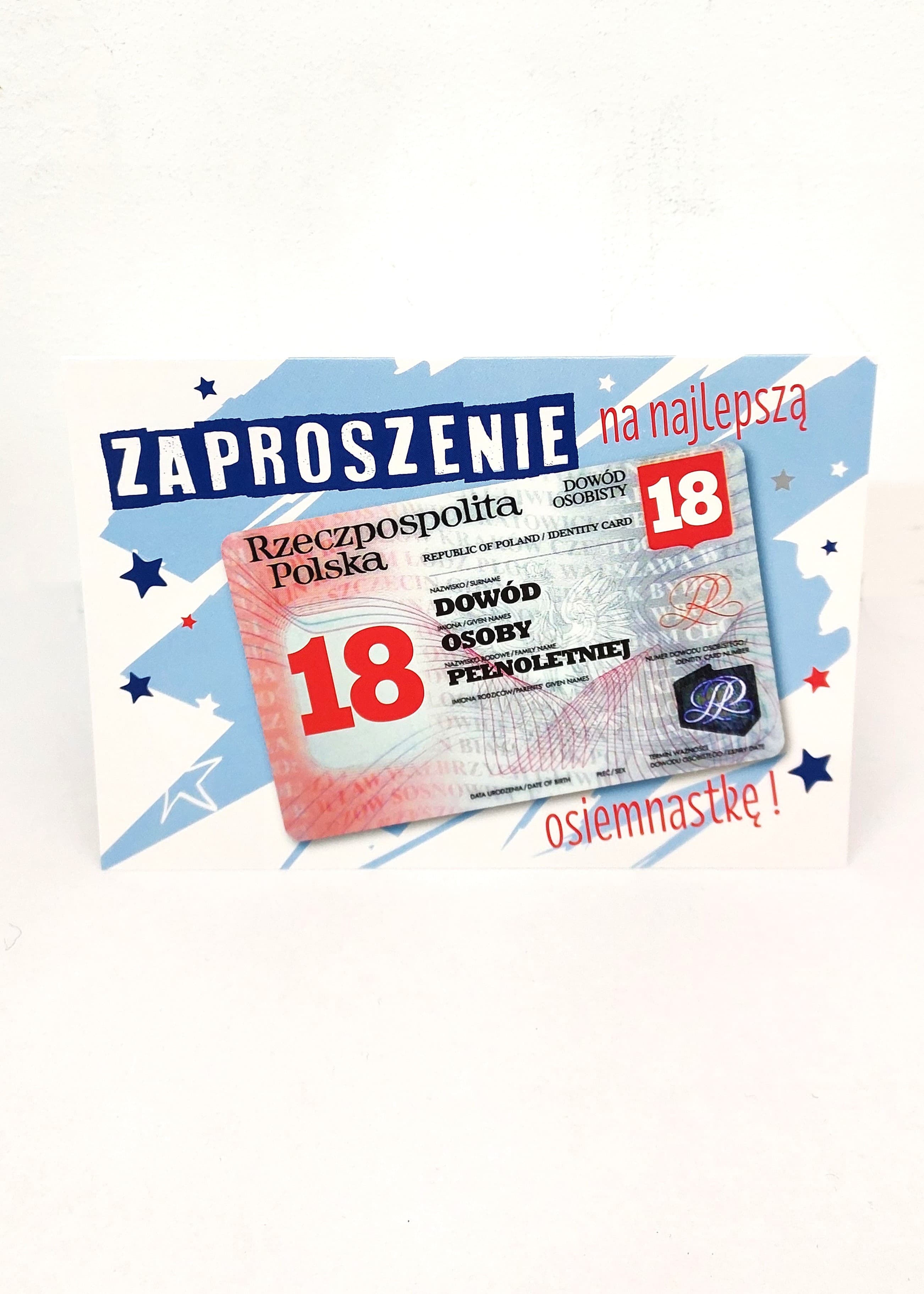 Zaproszenie niebieski DOWÓD 18 URODZINY, 1 szt.