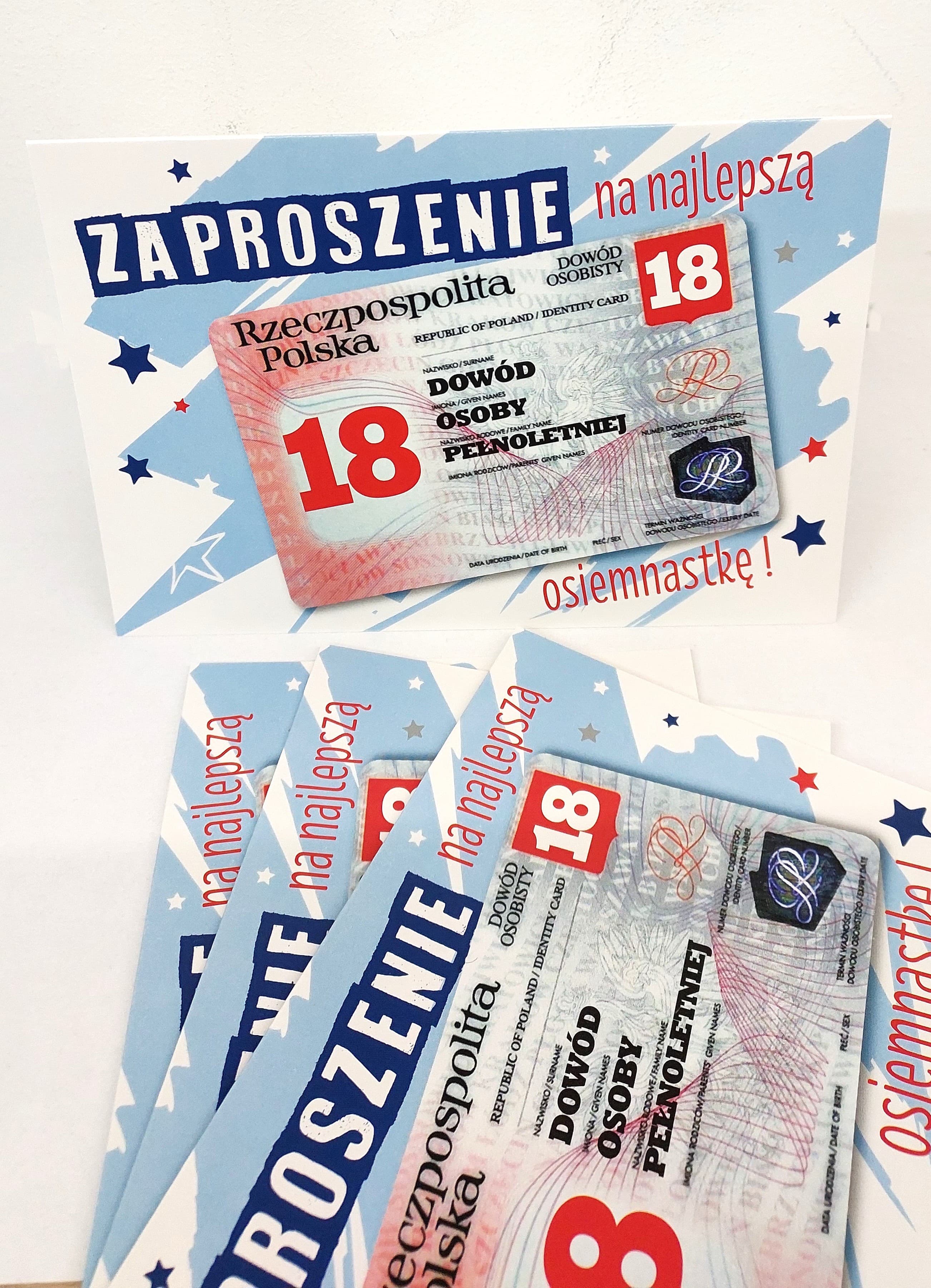 Zaproszenie niebieski DOWÓD 18 URODZINY, 1 szt.