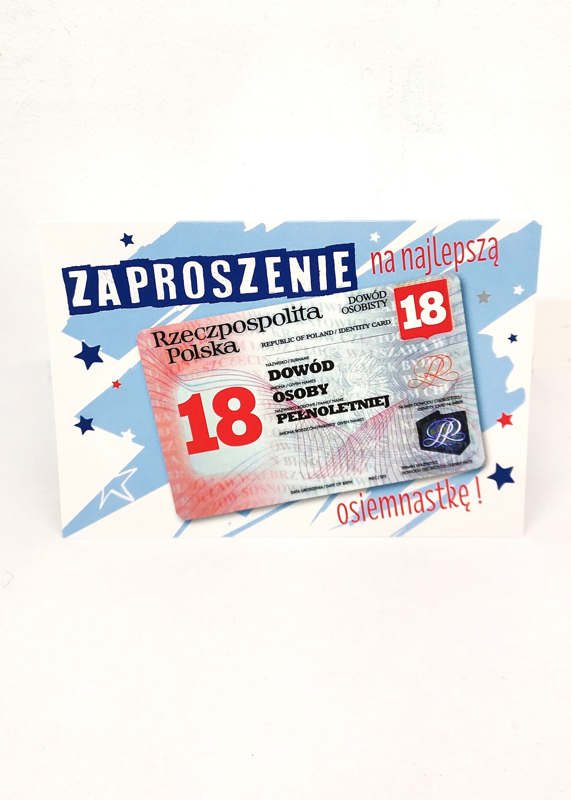 Zaproszenie niebieski DOWÓD 18 URODZINY, 1 szt.