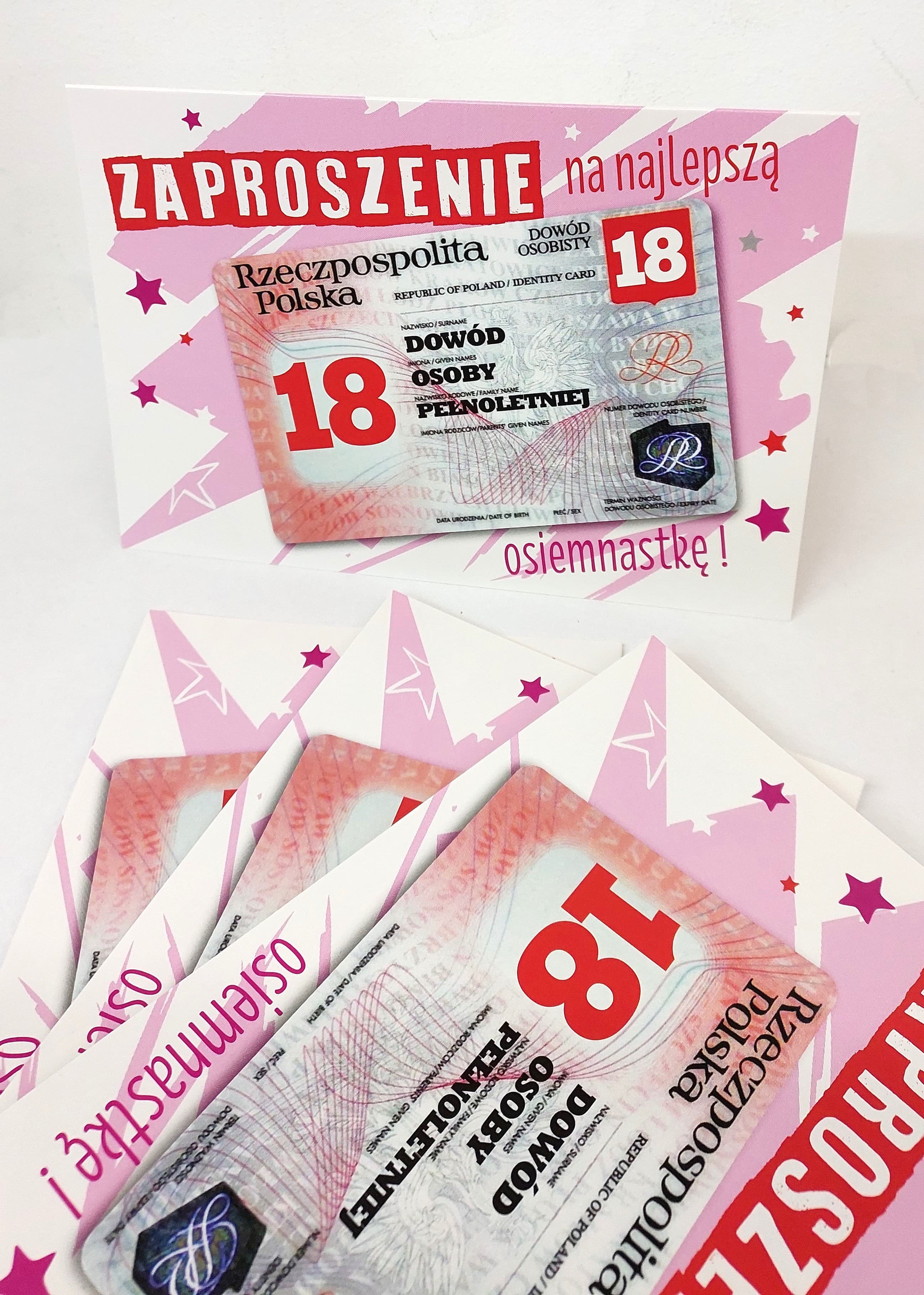 Zaproszenie różowy DOWÓD 18 URODZINY, 1 szt.