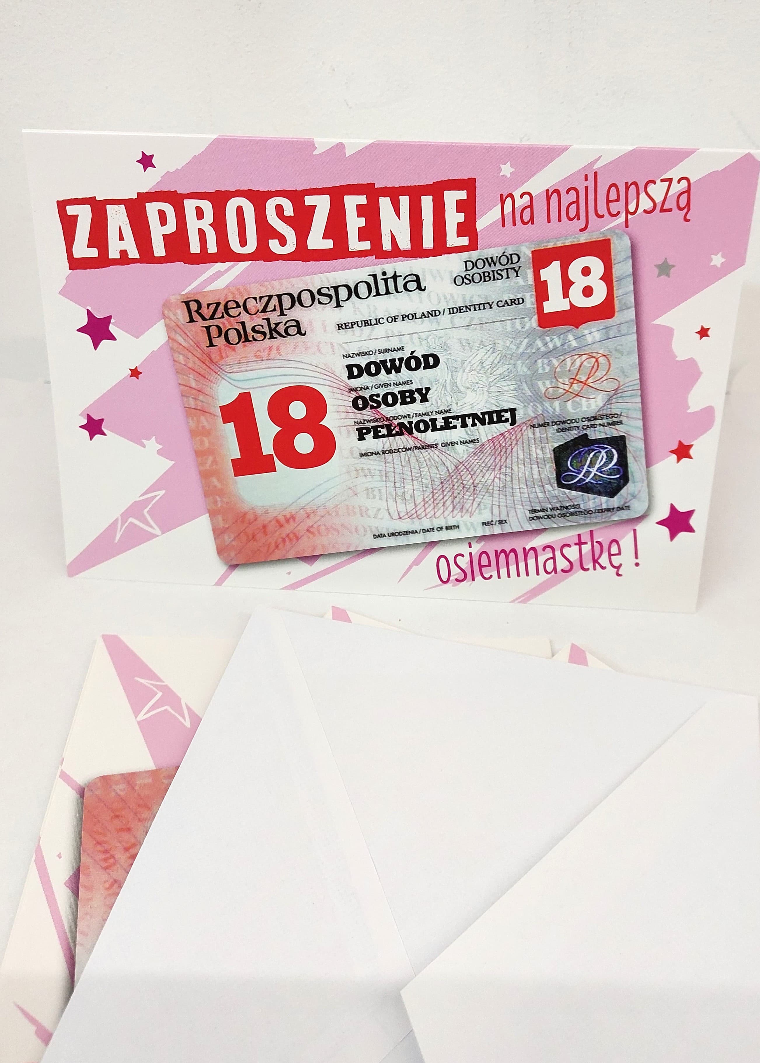Zaproszenie różowy DOWÓD 18 URODZINY, 1 szt.