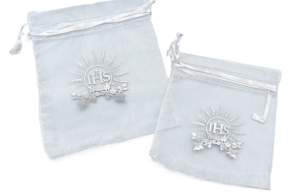 Woreczki z organzy IHS, 10x12cm/12szt białe/srebro
