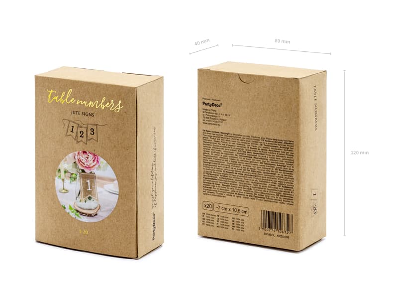 Jutowe numery na stoł, biały, 7x10,5cm