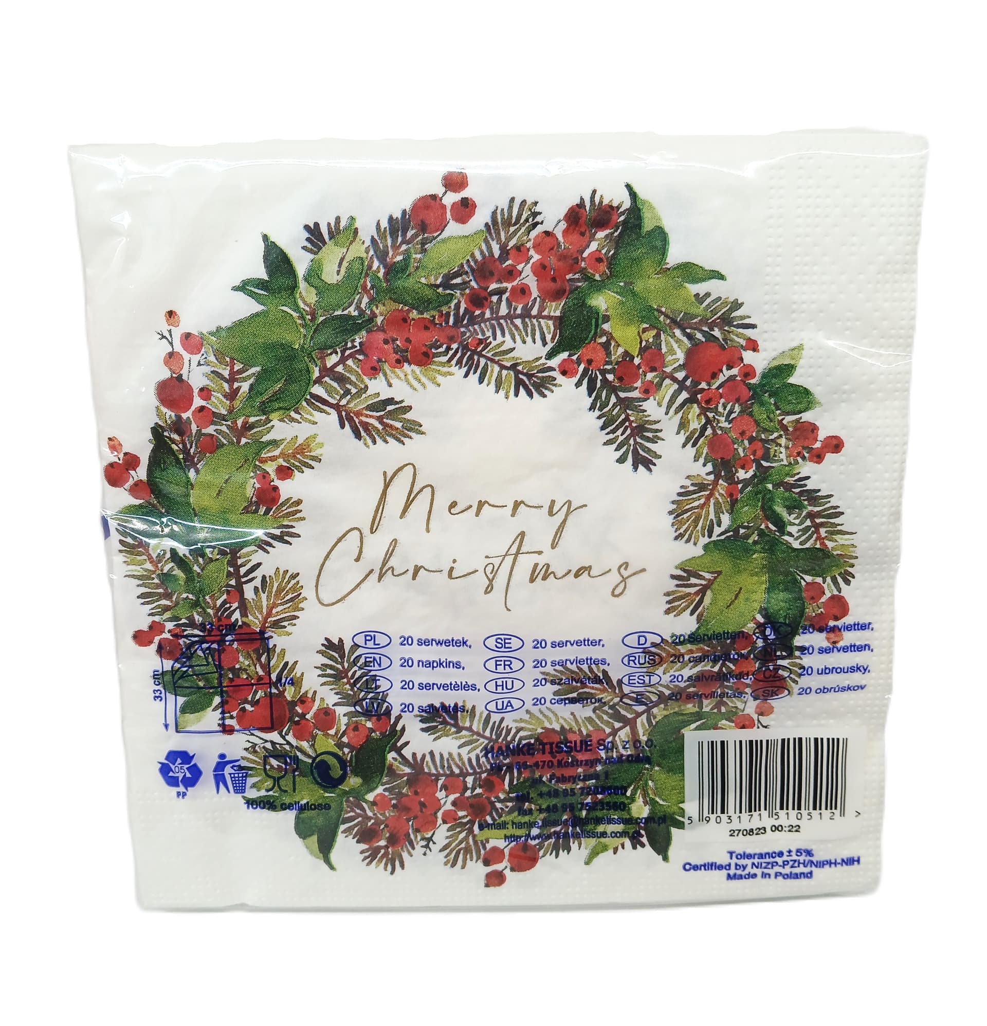 Serwetki wianek - Merry Christmas, 33x33 - 20 szt.