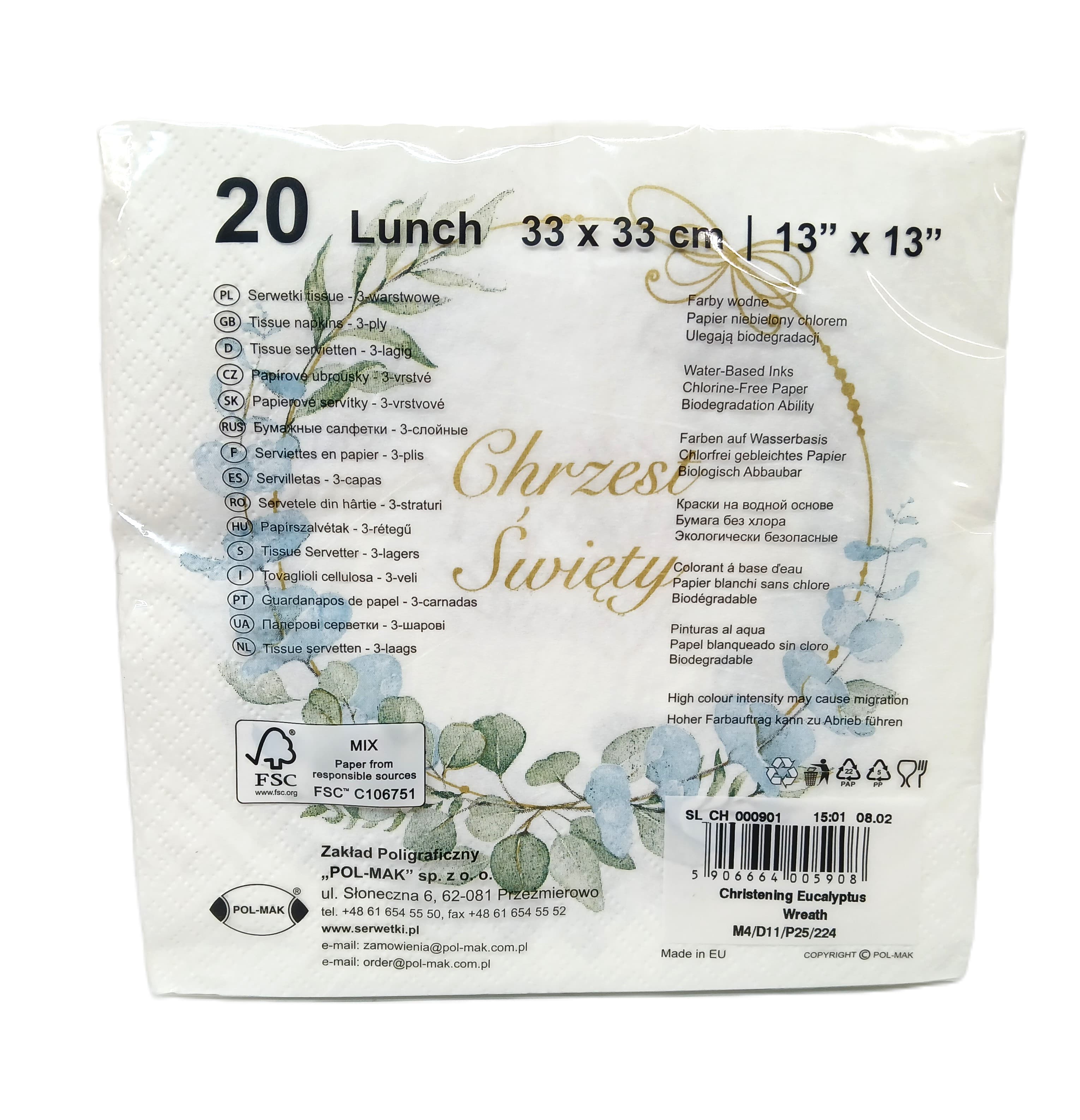 Serwetki na Chrzest eukaliptus, 33x33cm/20szt