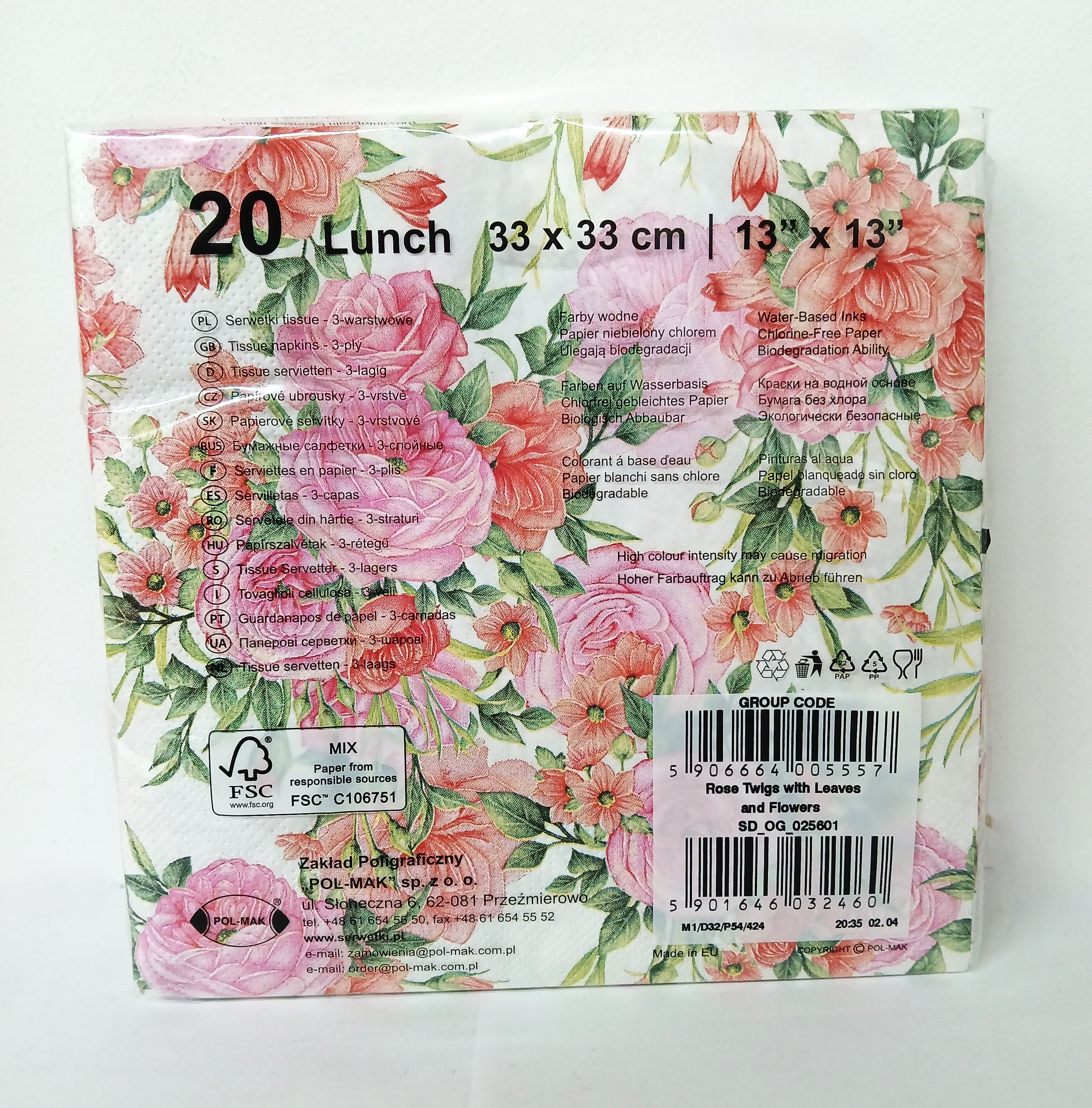 Serwetki trójwarstwowe, 33x33cm/20szt, RÓŻE