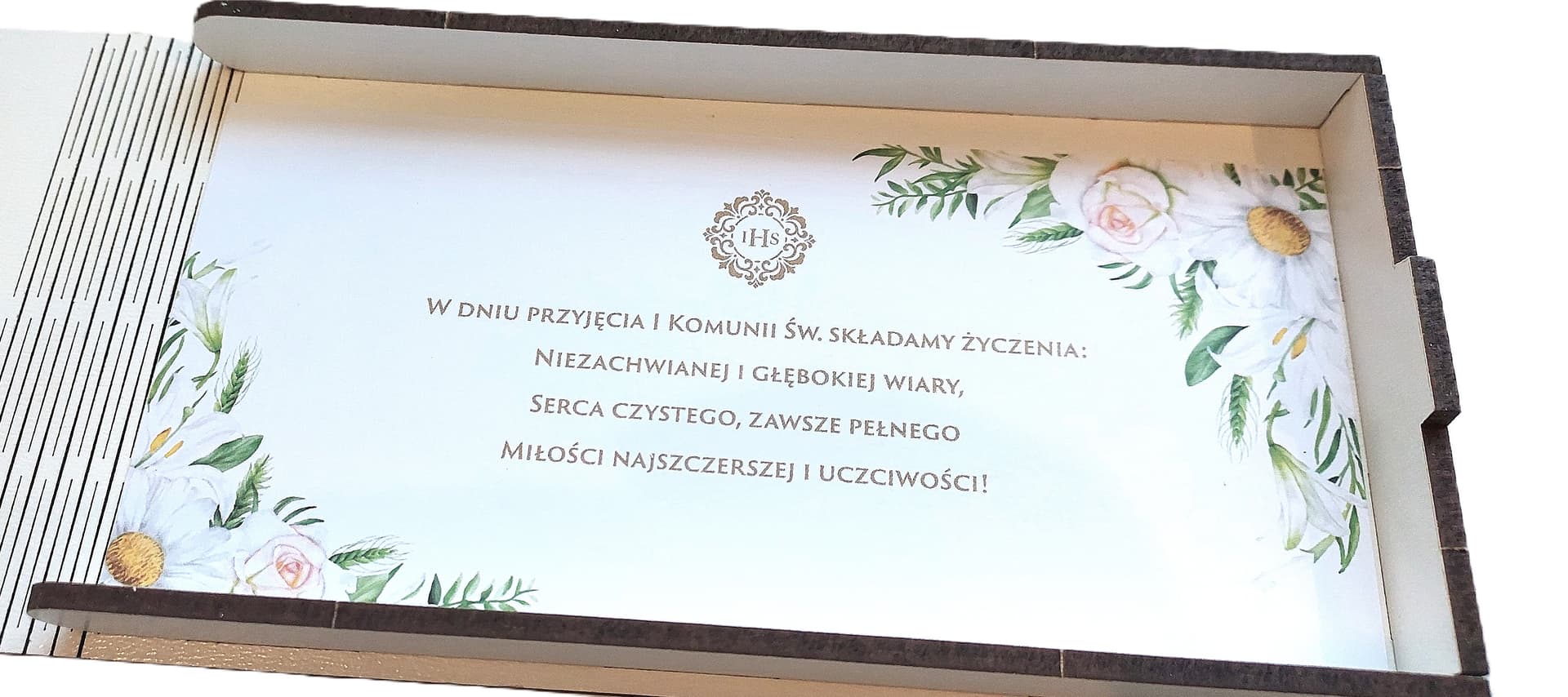 Pudełko drewniane na pieniądze  Komunia Święta IHS