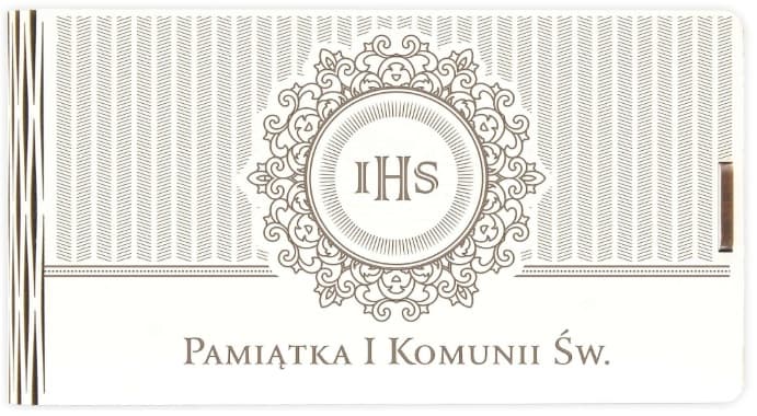 Pudełko drewniane na pieniądze  Komunia Święta IHS