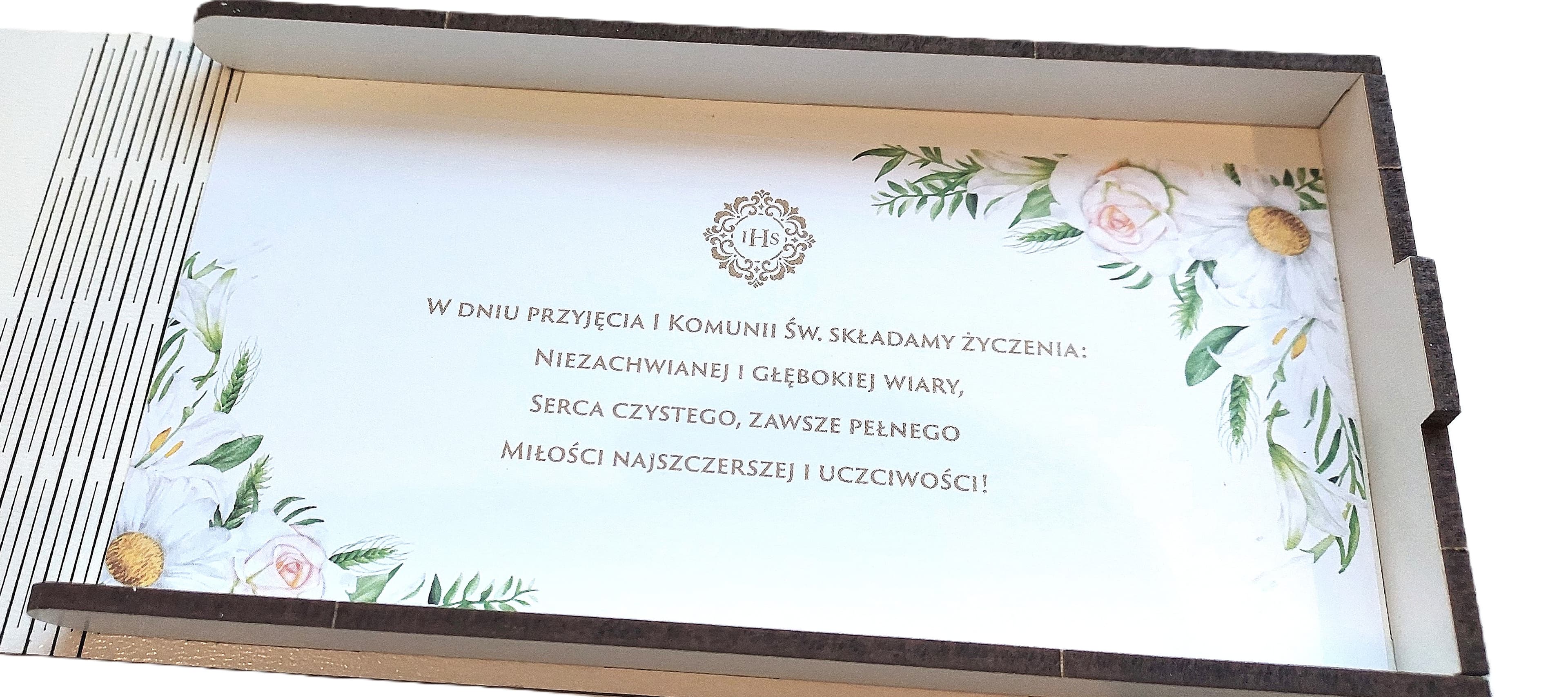 Pudełko drewniane na pieniądze  Komunia Święta IHS