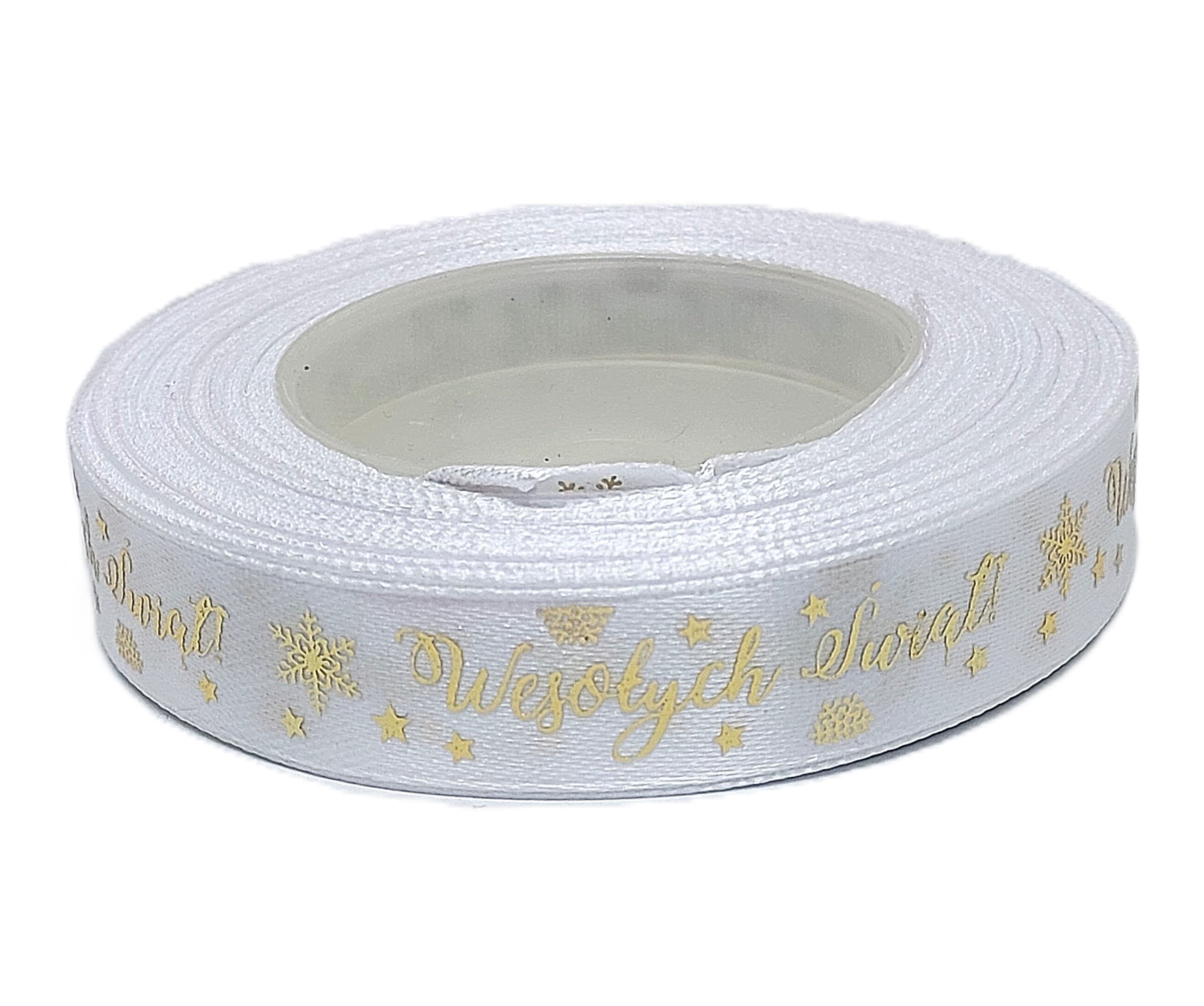 Wstążka metal Wes. Świąt, 15mm/18mb biała/złoto