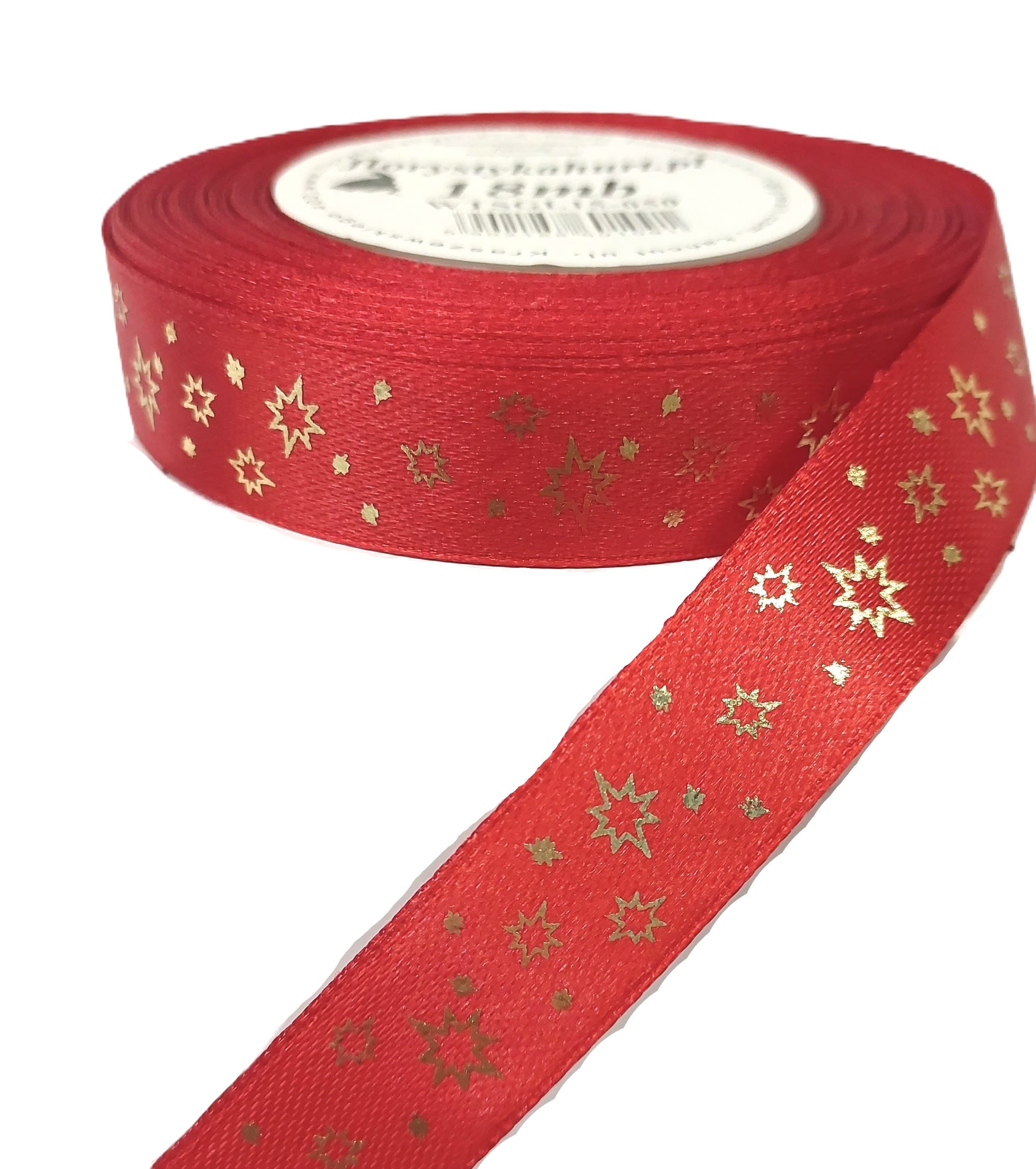 Wstążka metal GWIAZDKI, 15mm/18mb, czerwona/złoto