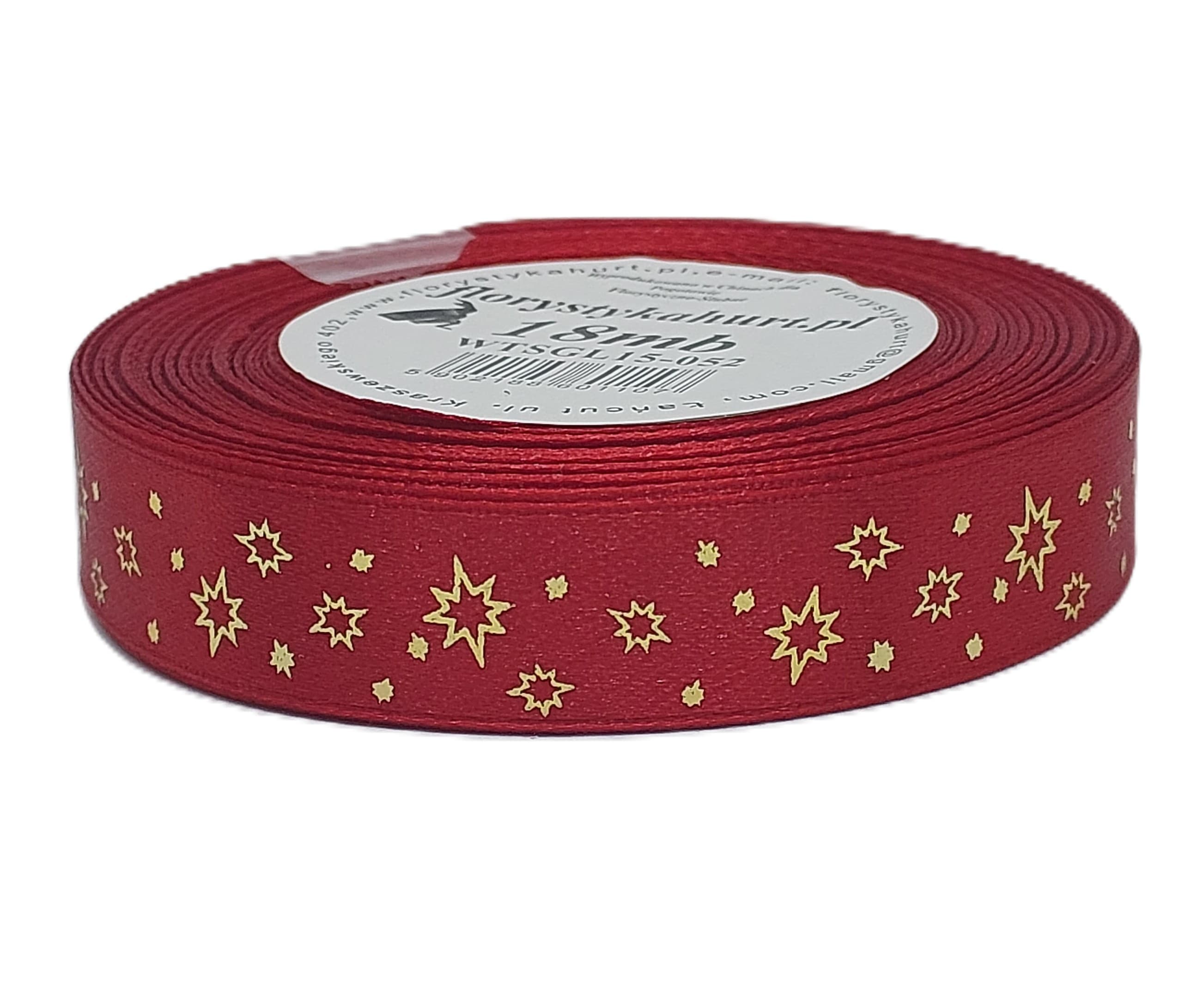 Wstążka metal GWIAZDKI, 15mm/18mb, c.czerwon/złoto