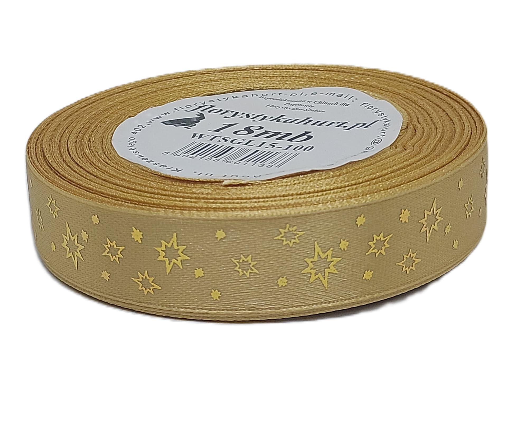 Wstążka metal GWIAZDKI, 15mm/18mb, złoto/złoto