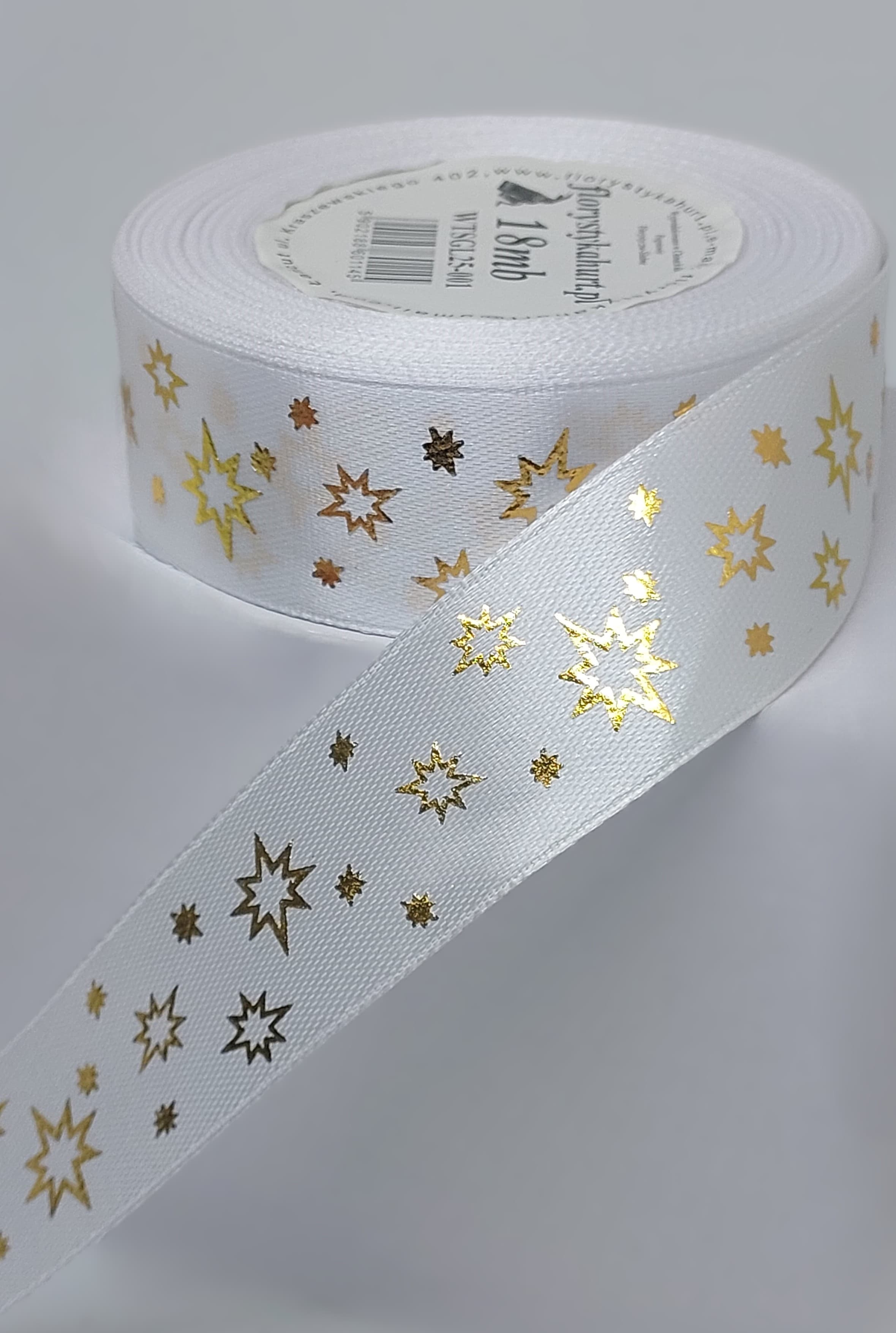 Wstążka metal GWIAZDKI, 25mm/18mb, biała/złoto