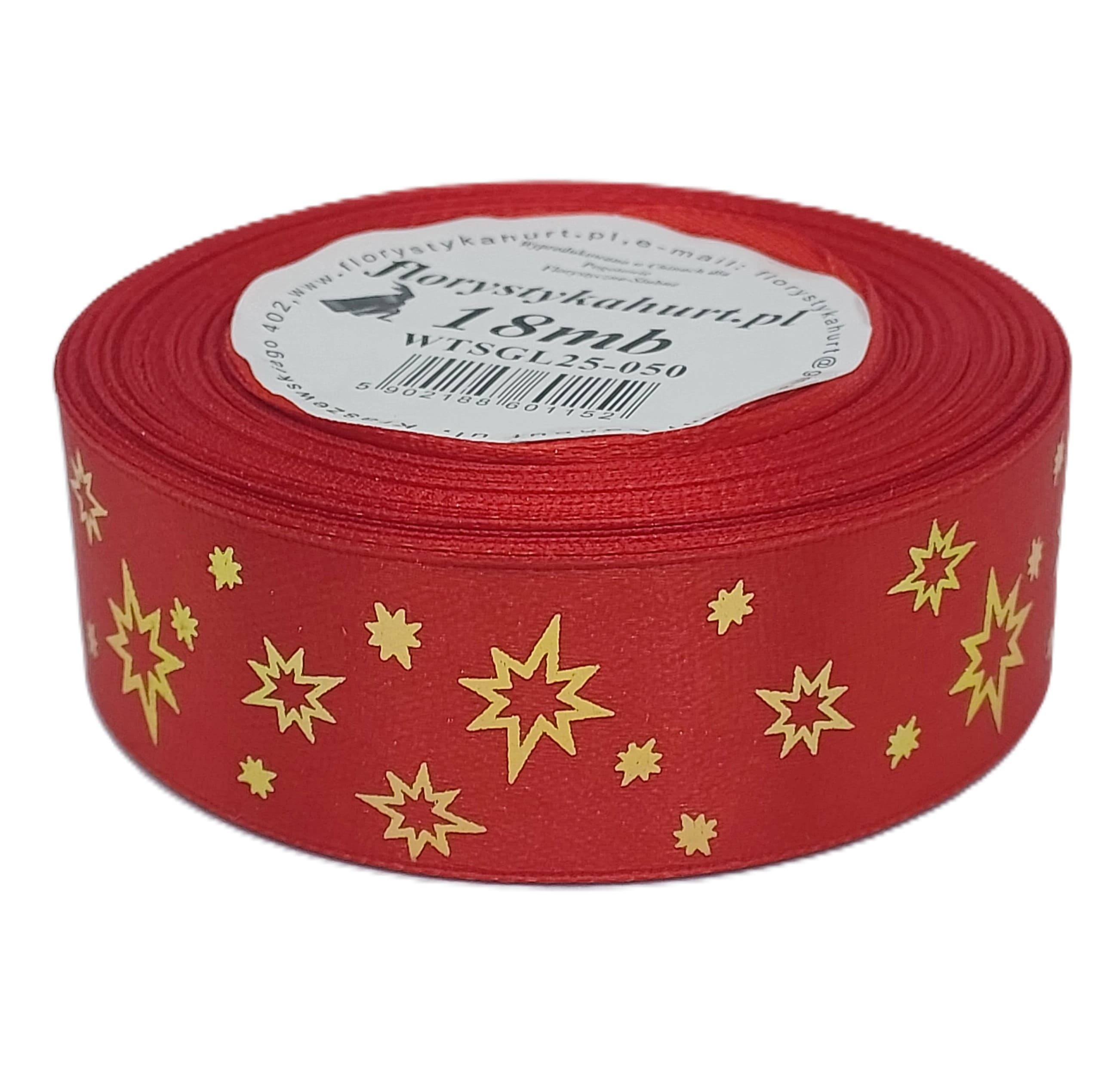 Wstążka metal GWIAZDKI, 25mm/18mb, czerwona/złoto