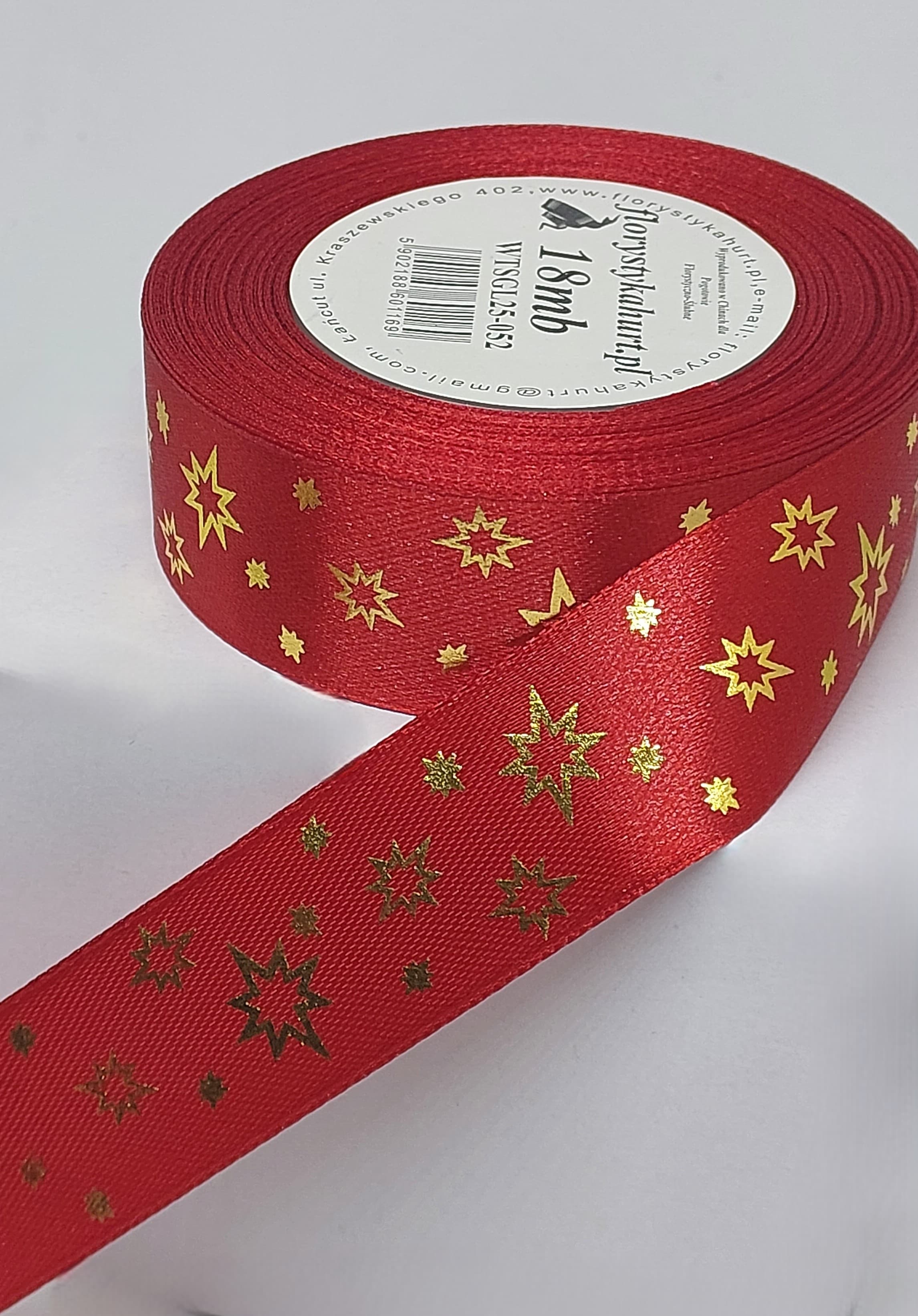 Wstążka metal GWIAZDKI, 25mm/18mb, c.czerwon/złoto