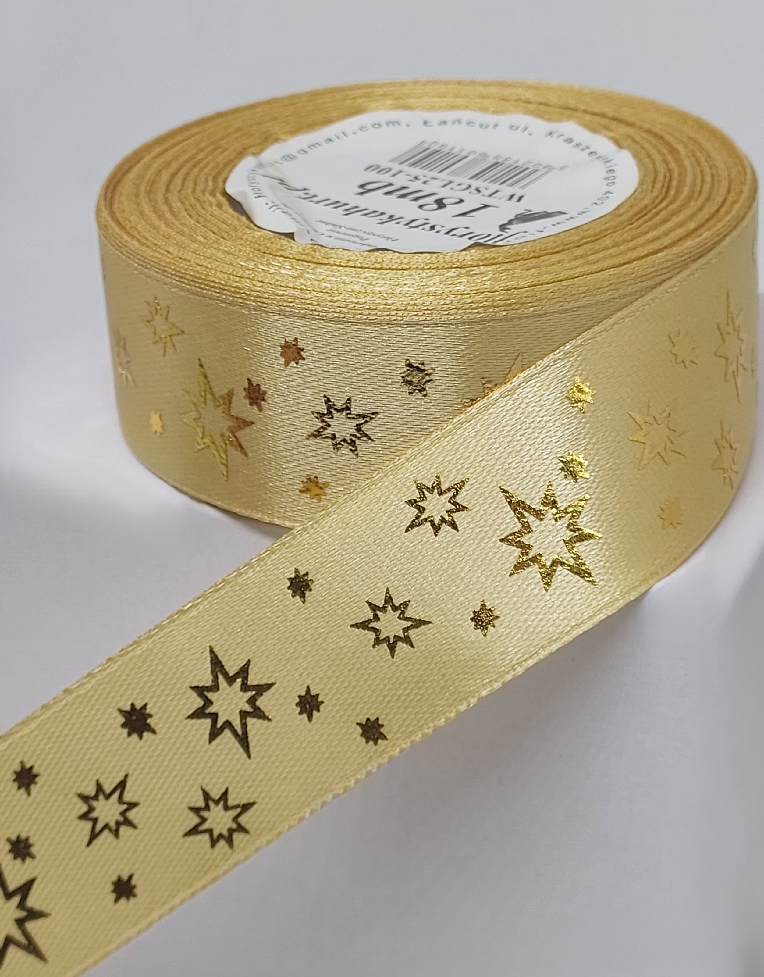 Wstążka metal GWIAZDKI, 25mm/18mb, złoto/złoto