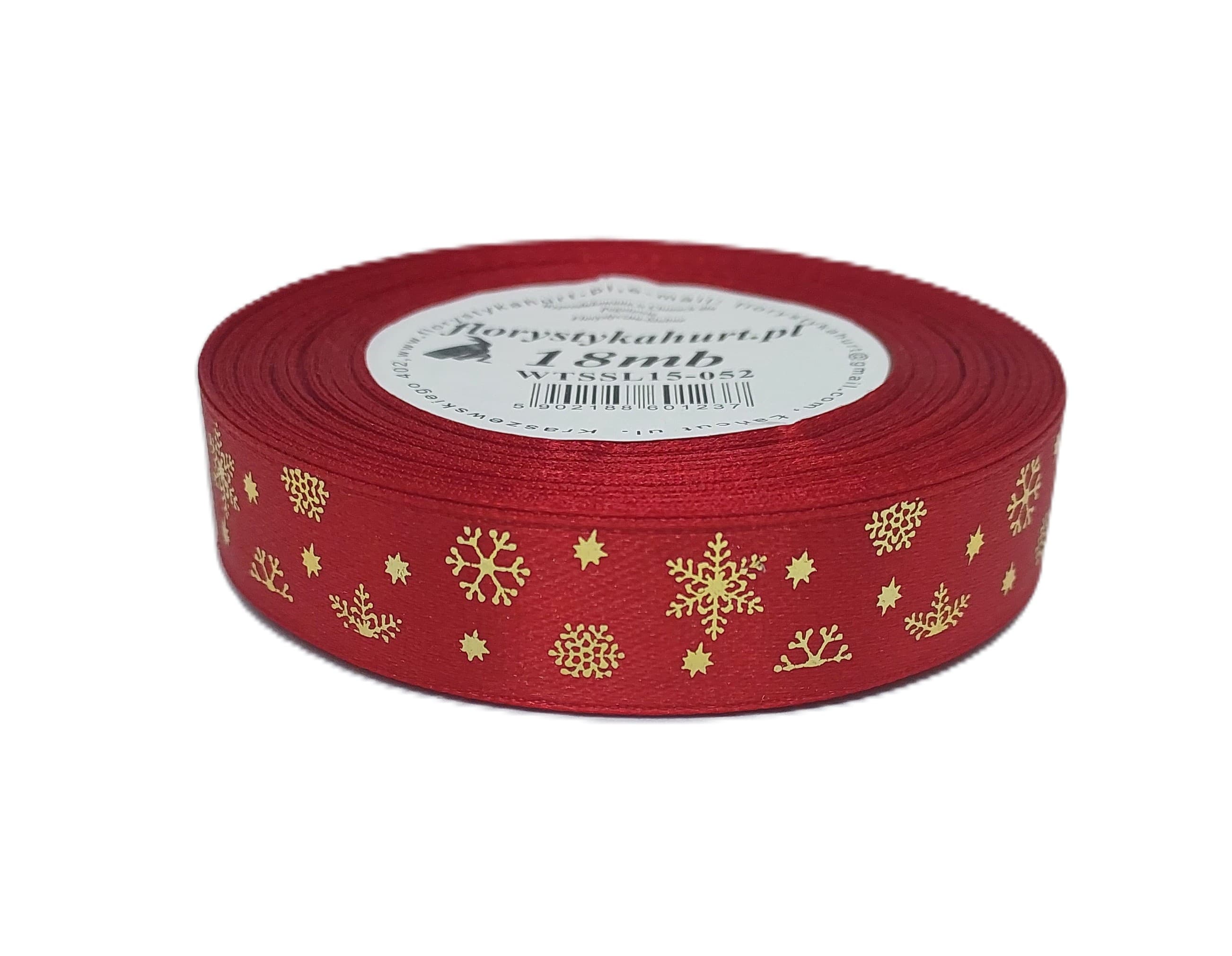 Wstążka metal ŚNIEŻYNKI, 15mm/18mb, c.czerwo/złoto