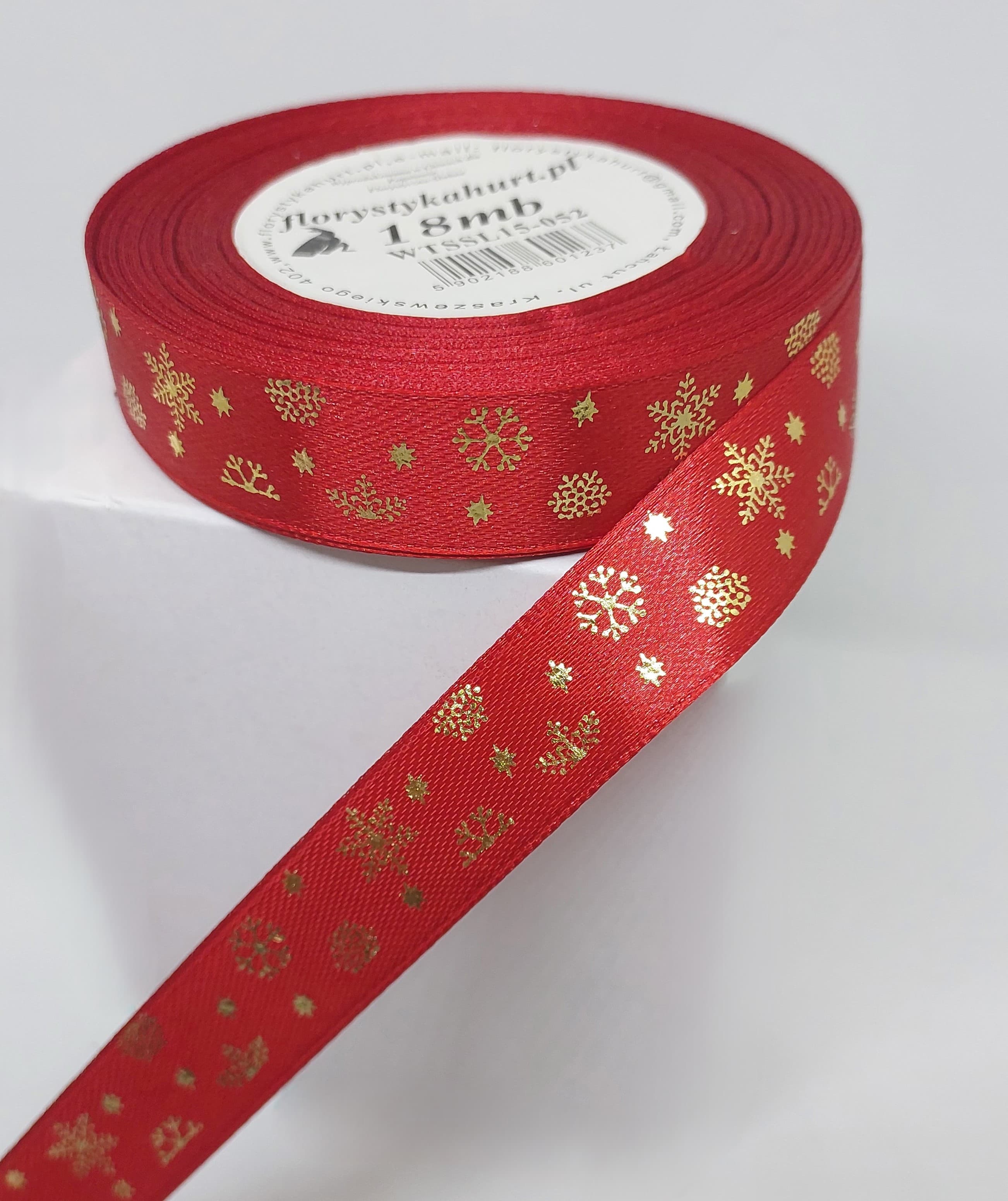 Wstążka metal ŚNIEŻYNKI, 15mm/18mb, c.czerwo/złoto