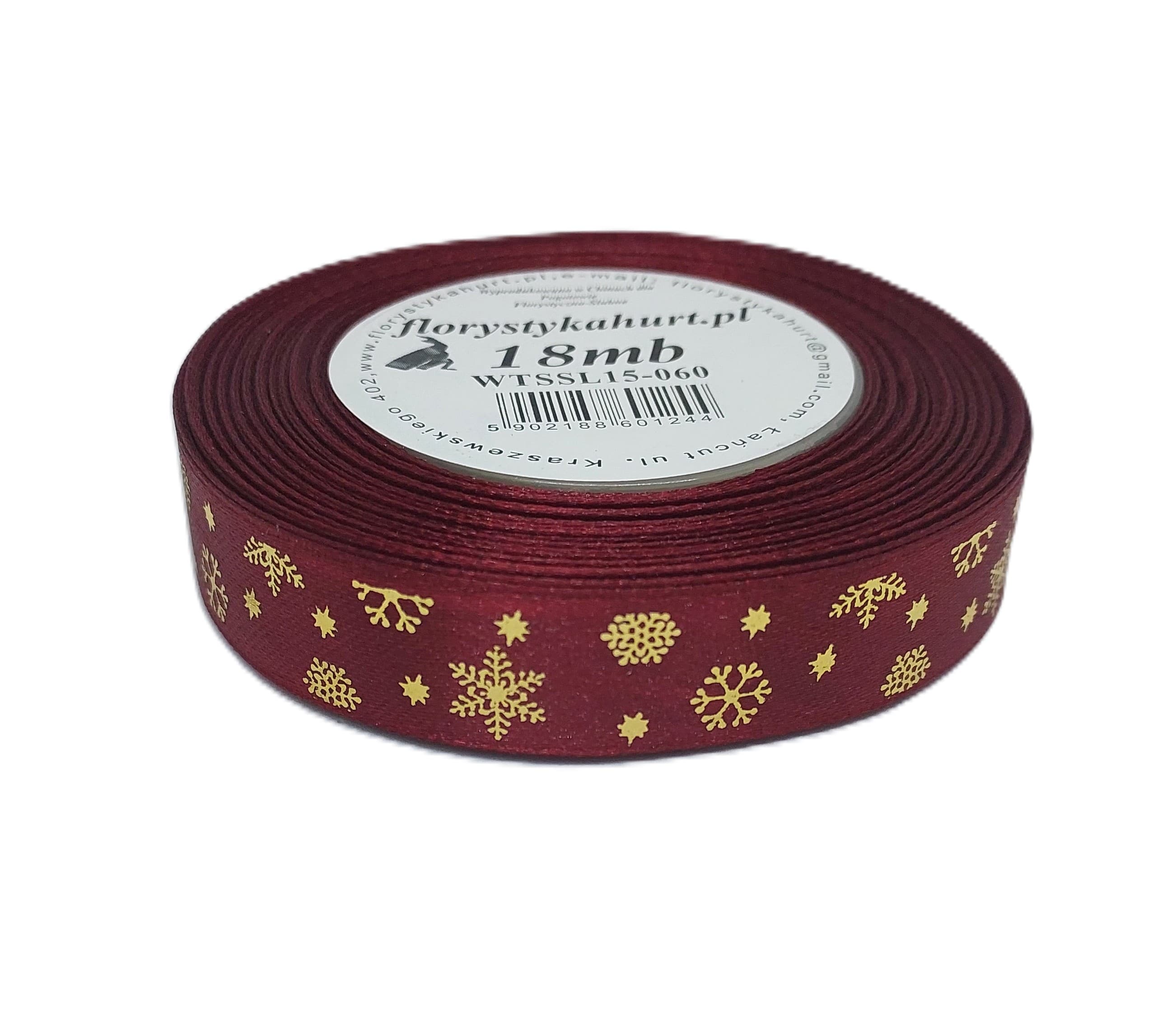 Wstążka metal ŚNIEŻYNKI, 15mm/18mb, bordo/złoto