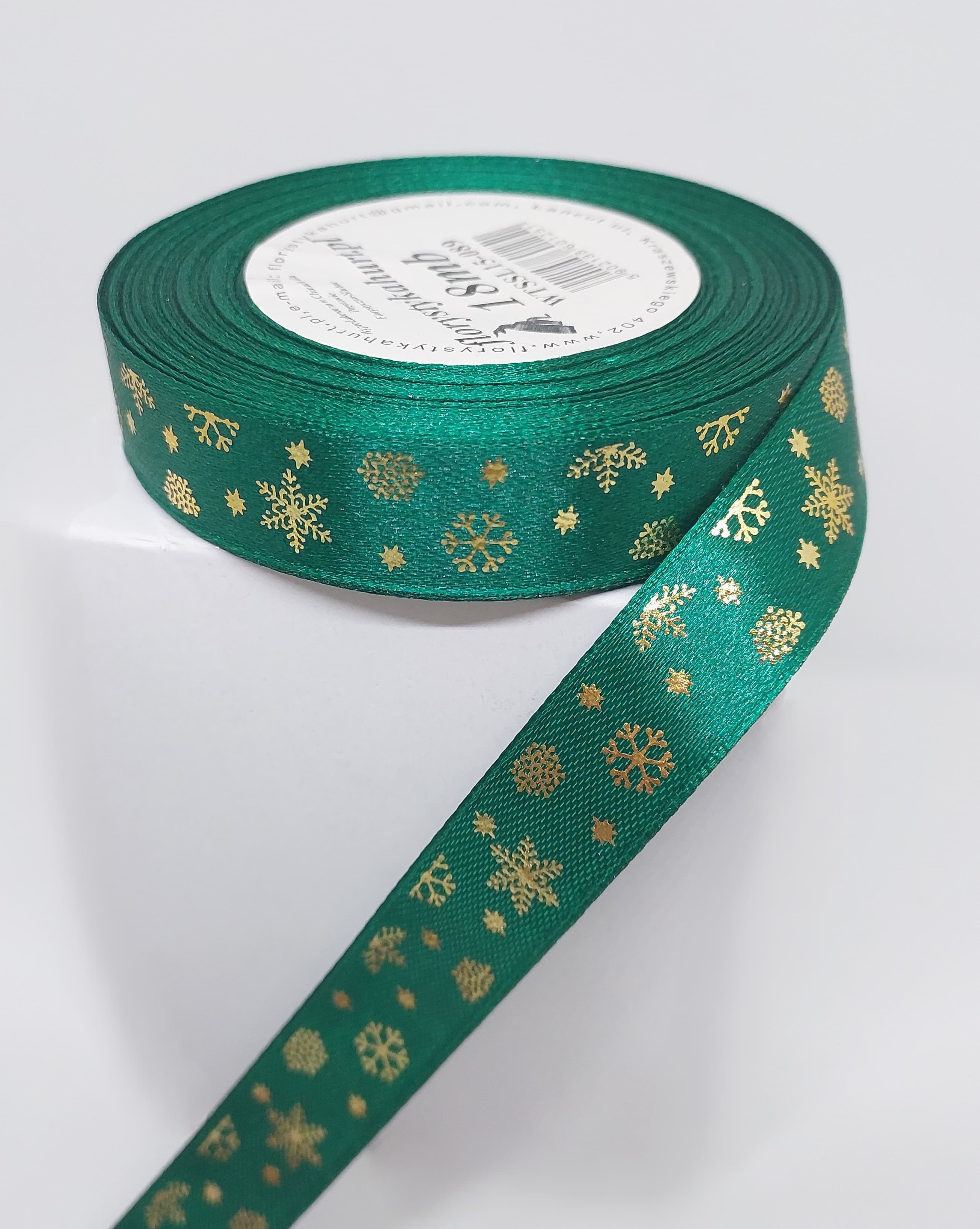 Wstążka metal ŚNIEŻYNKI, 15mm/18mb, butelka/złoto