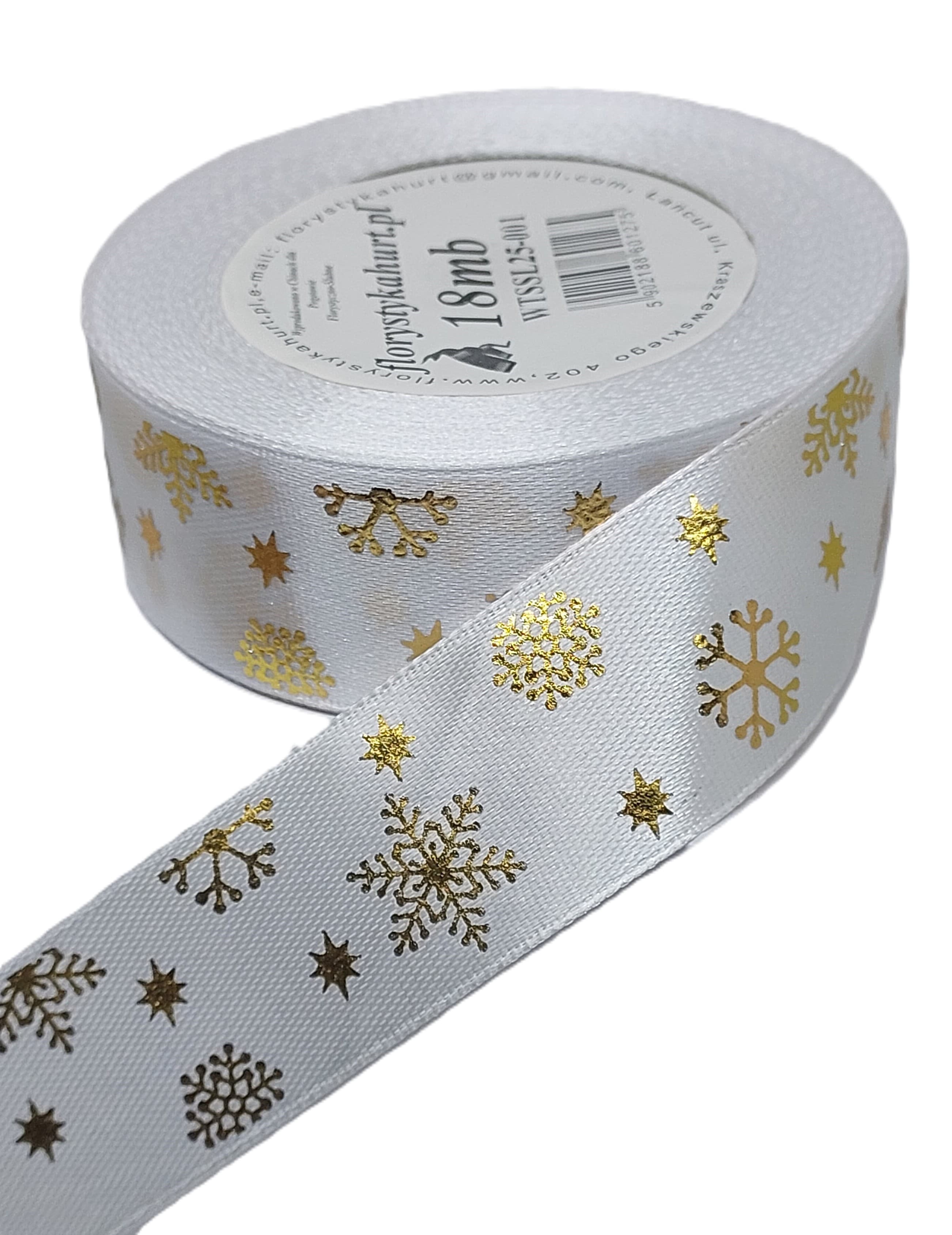 Wstążka metal ŚNIEŻYNKI, 25mm/18mb, biała/złoto