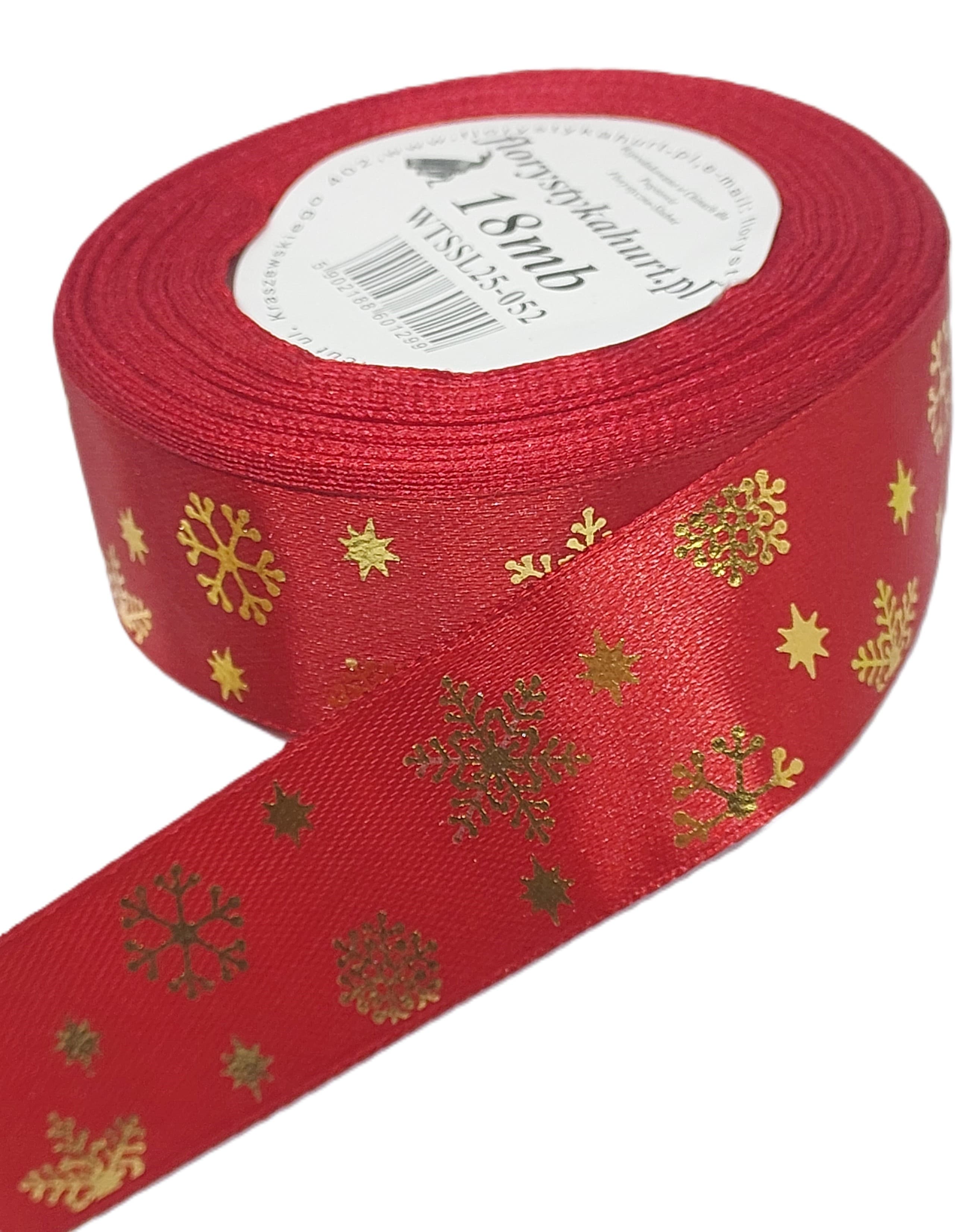 Wstążka metal ŚNIEŻYNKI, 25mm/18mb, c.czerwo/złoto