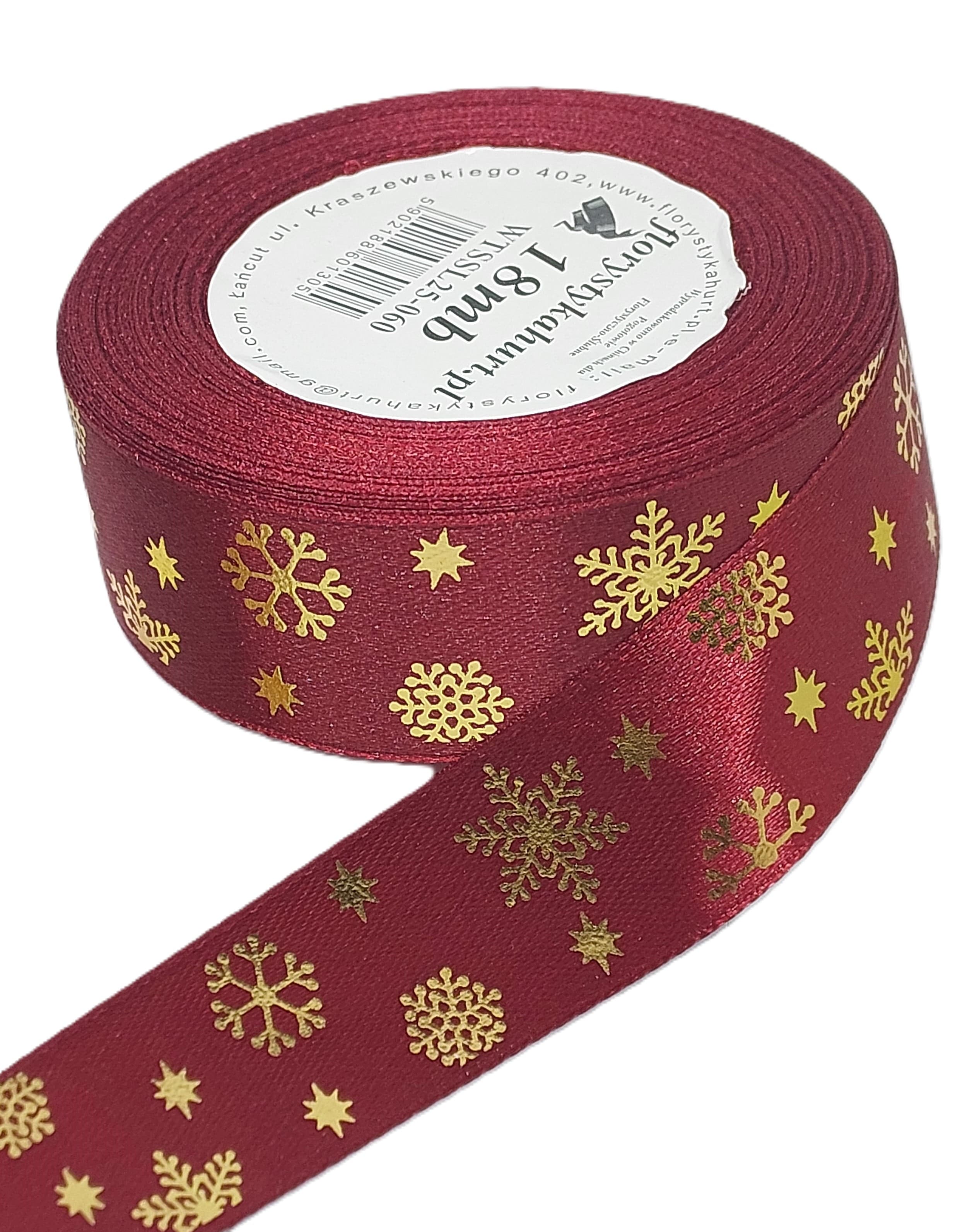 Wstążka metal ŚNIEŻYNKI, 25mm/18mb, bordo/złoto