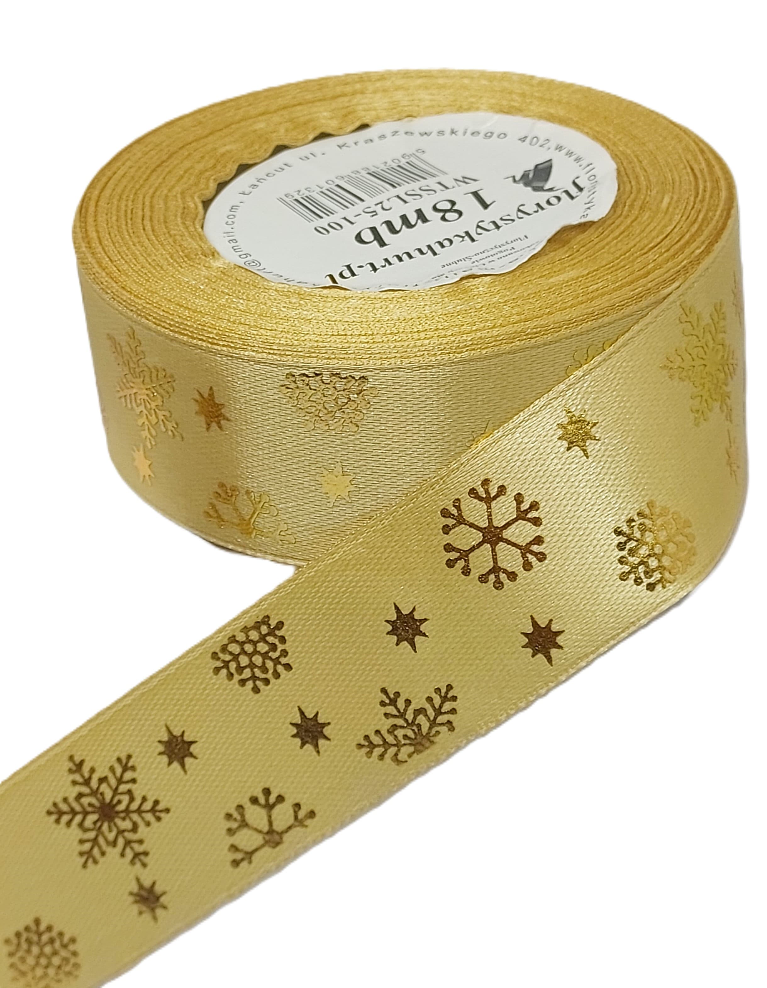 Wstążka metal ŚNIEŻYNKI, 25mm/18mb, złoto/złoto