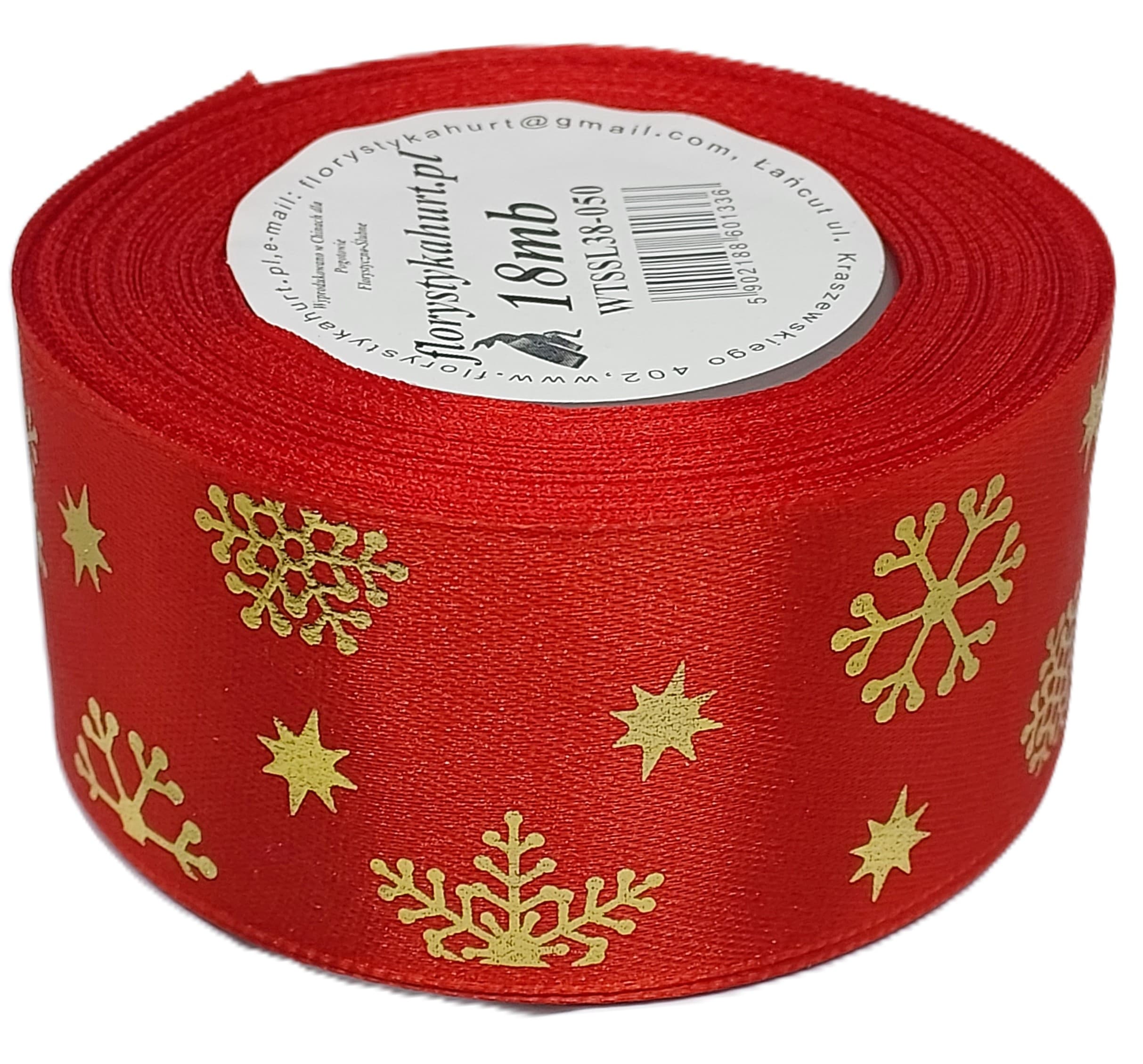 Wstążka metal ŚNIEŻYNKI, 38mm/18mb, czerwona/złoto