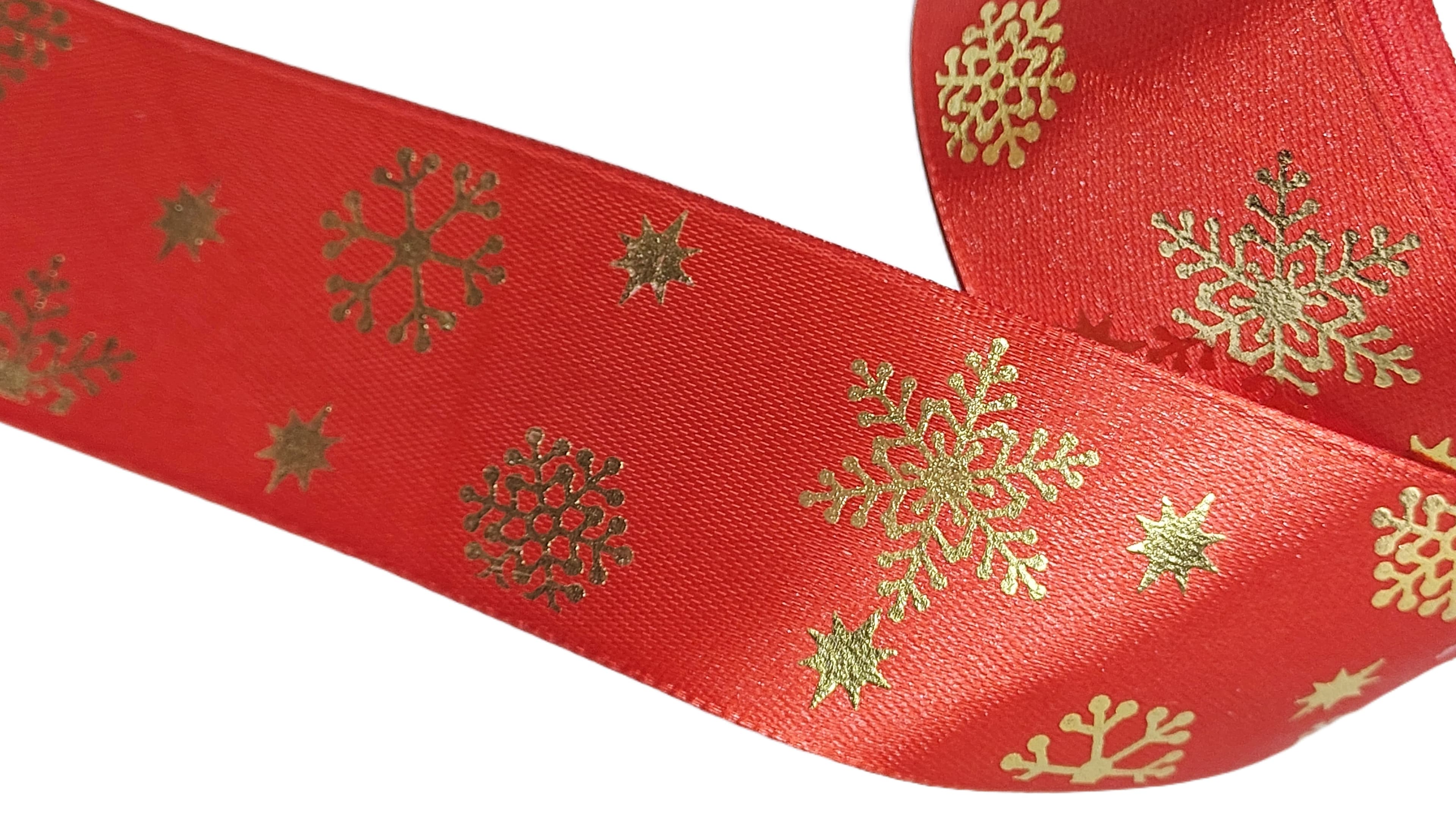 Wstążka metal ŚNIEŻYNKI, 38mm/18mb, czerwona/złoto