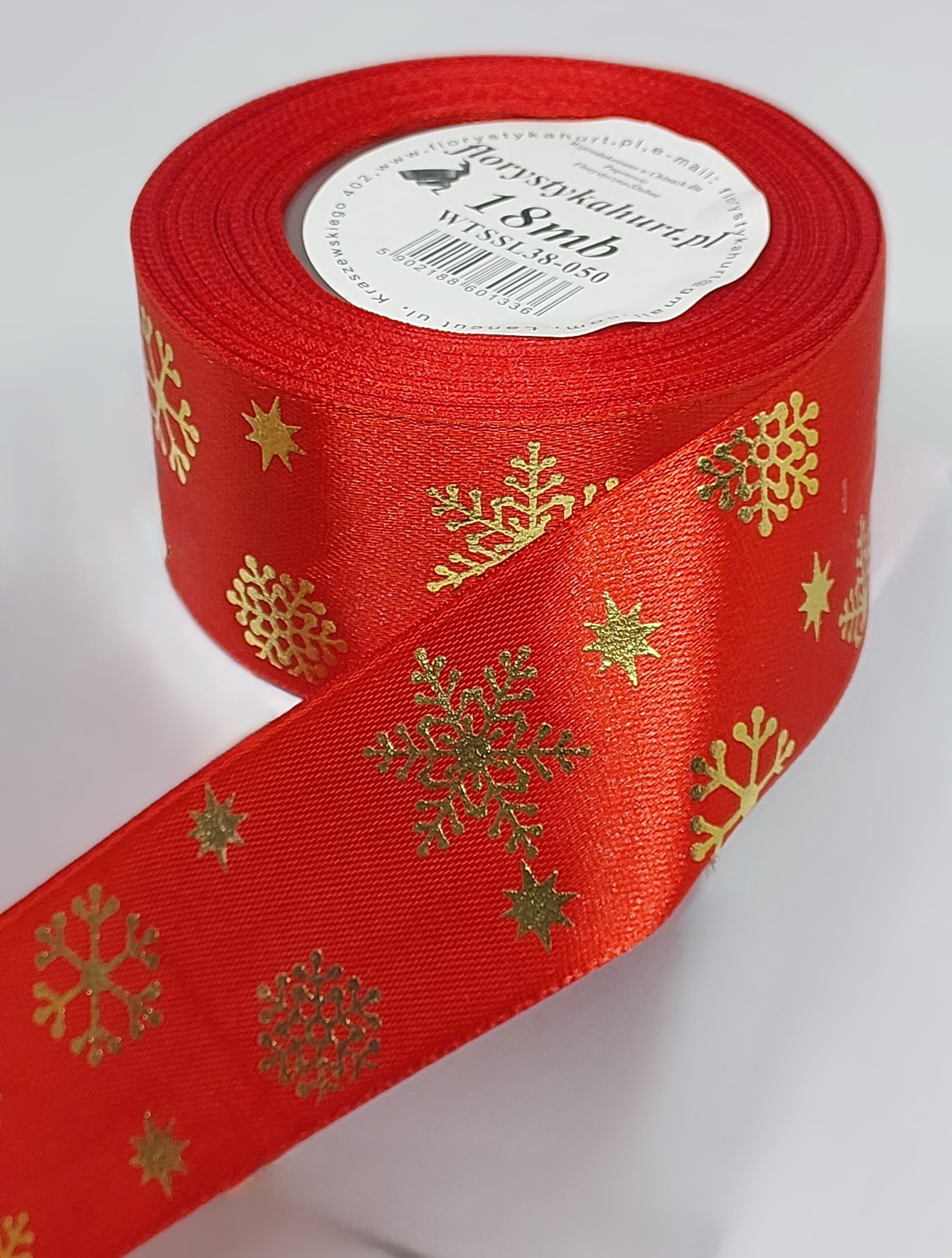 Wstążka metal ŚNIEŻYNKI, 38mm/18mb, czerwona/złoto