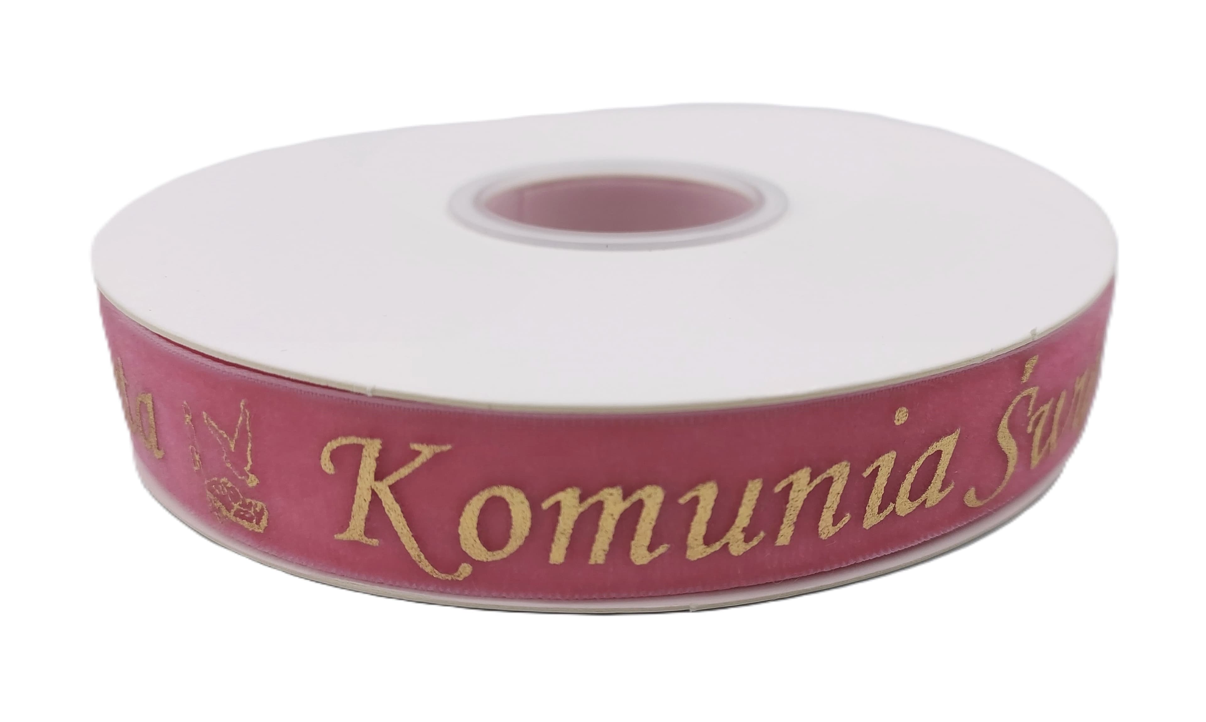 Wstążka velvetowa Komunia Święta, 19mm/9mb, różowa