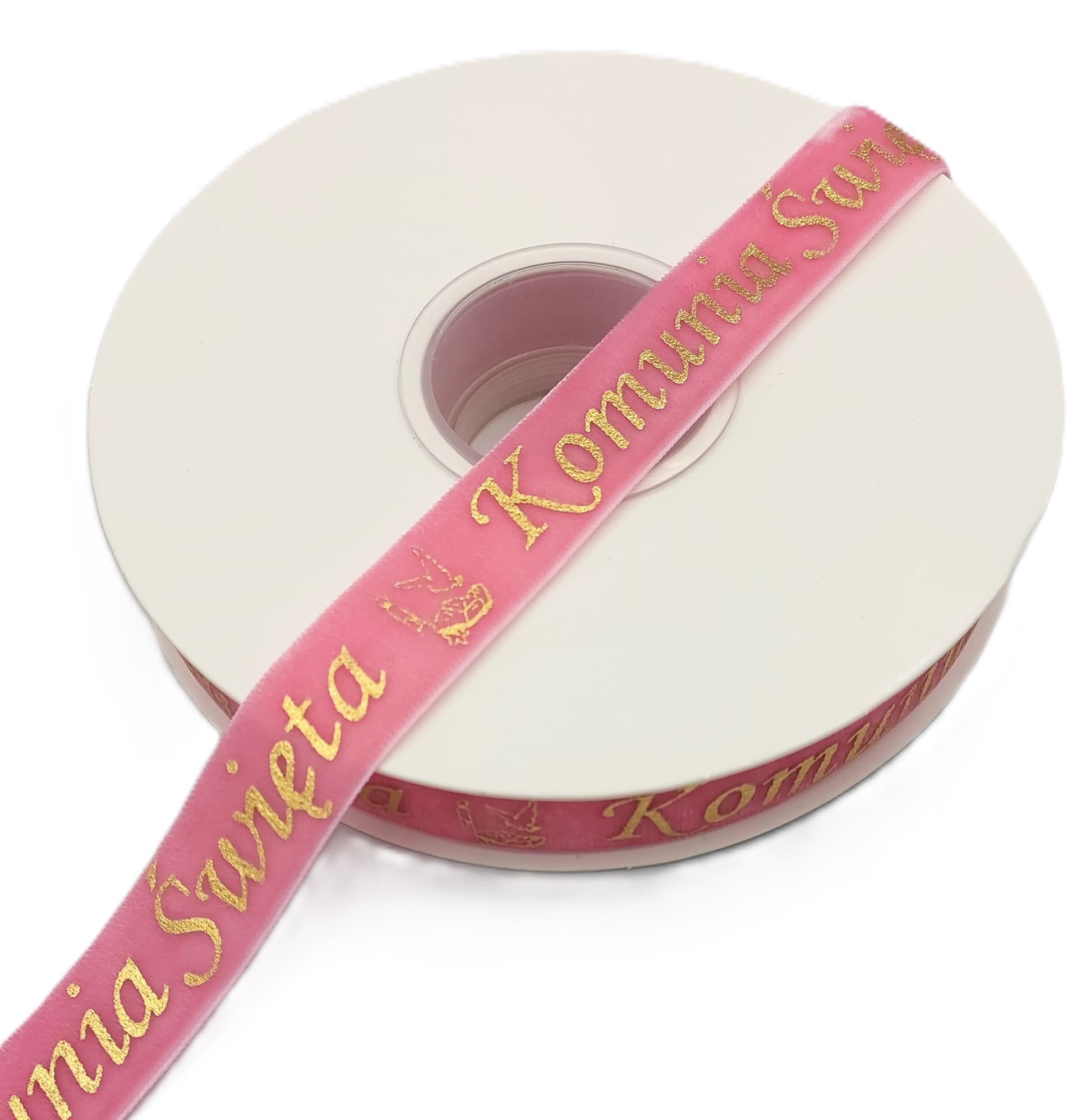 Wstążka velvetowa Komunia Święta, 19mm/9mb, różowa