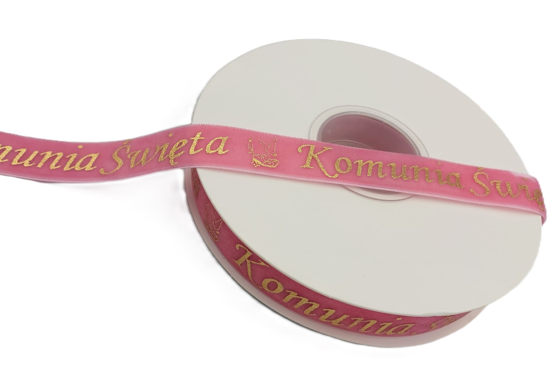 Wstążka velvetowa Komunia Święta, 19mm/9mb, różowa