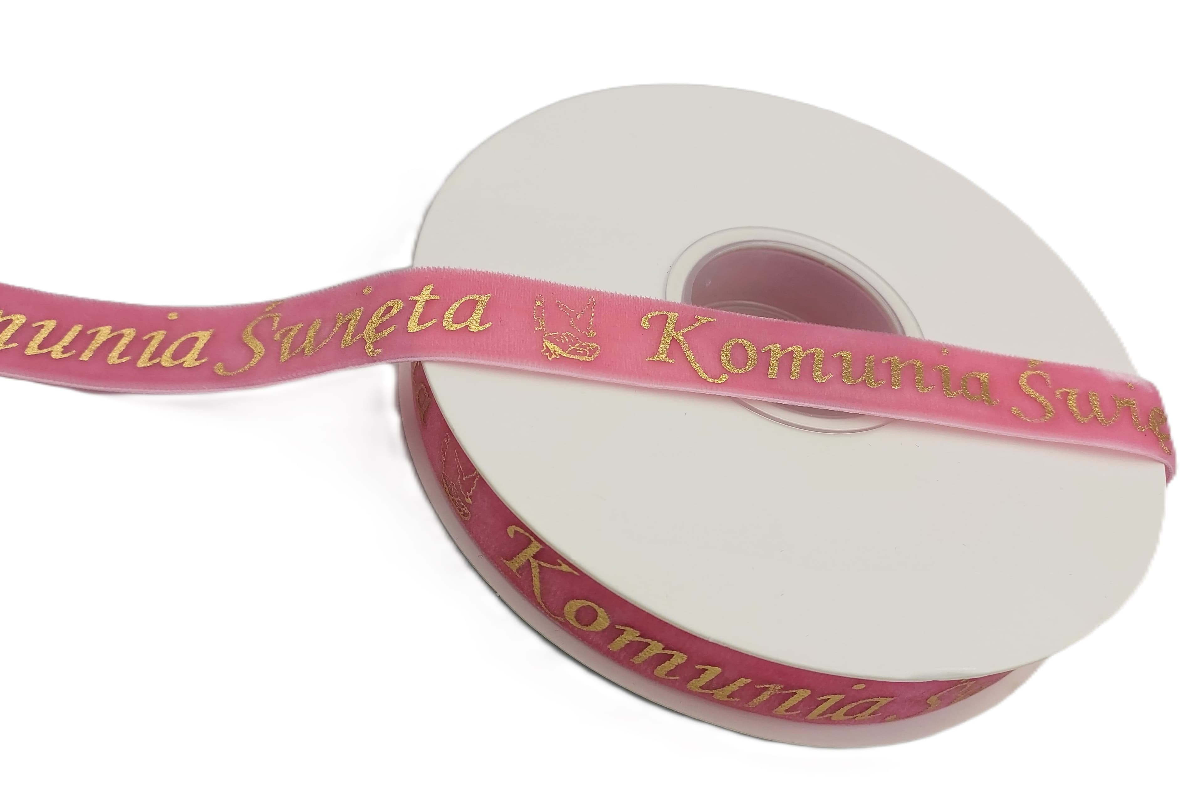 Wstążka velvetowa Komunia Święta, 19mm/9mb, różowa