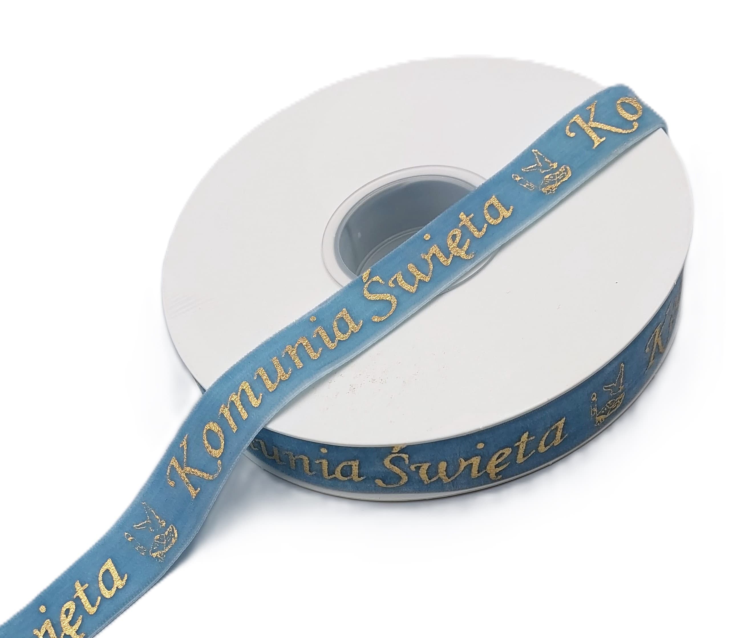 Wstążka velvetowa Komunia Święta, 19mm/9mb, błękit