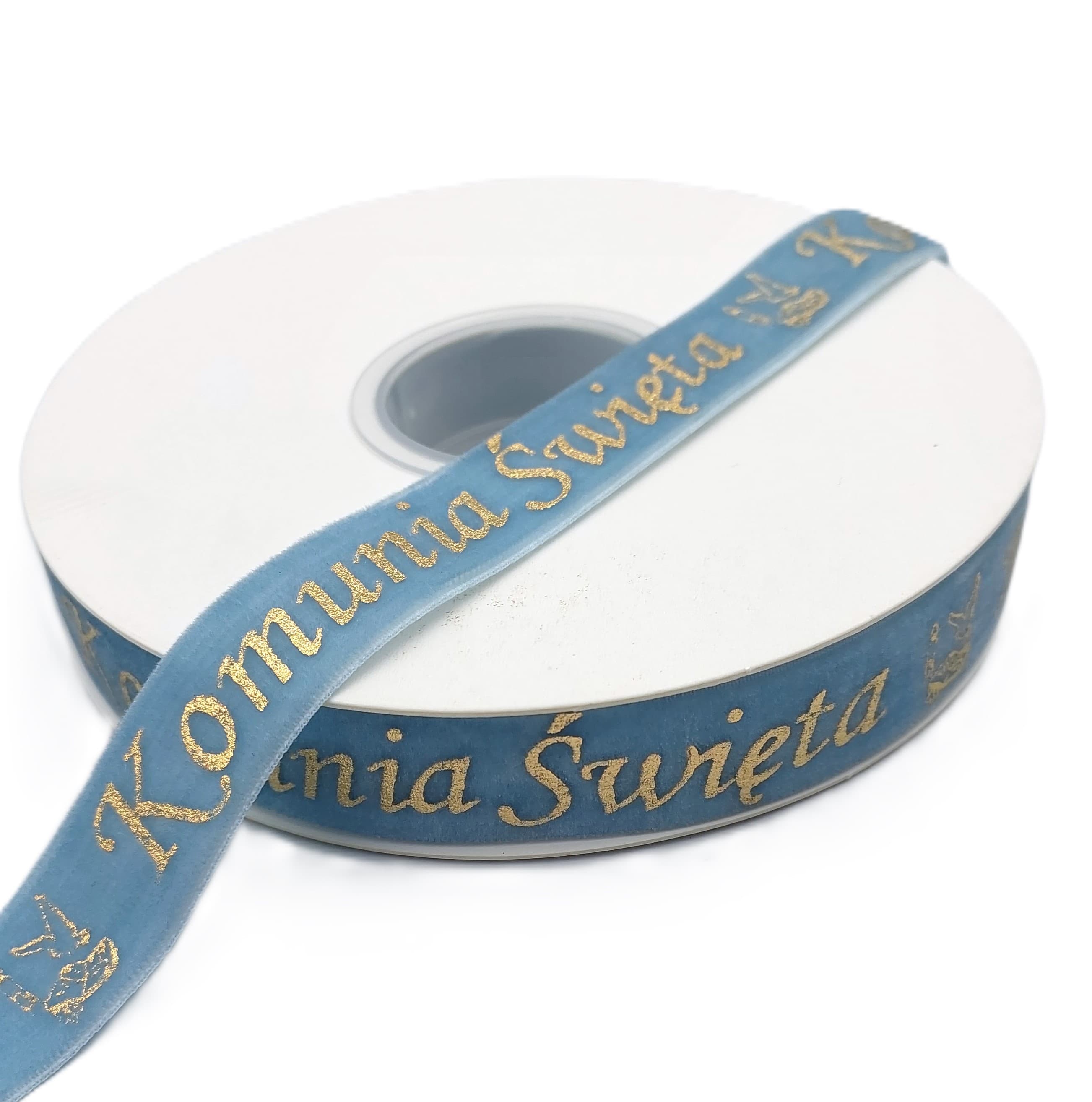 Wstążka velvetowa Komunia Święta, 19mm/9mb, błękit