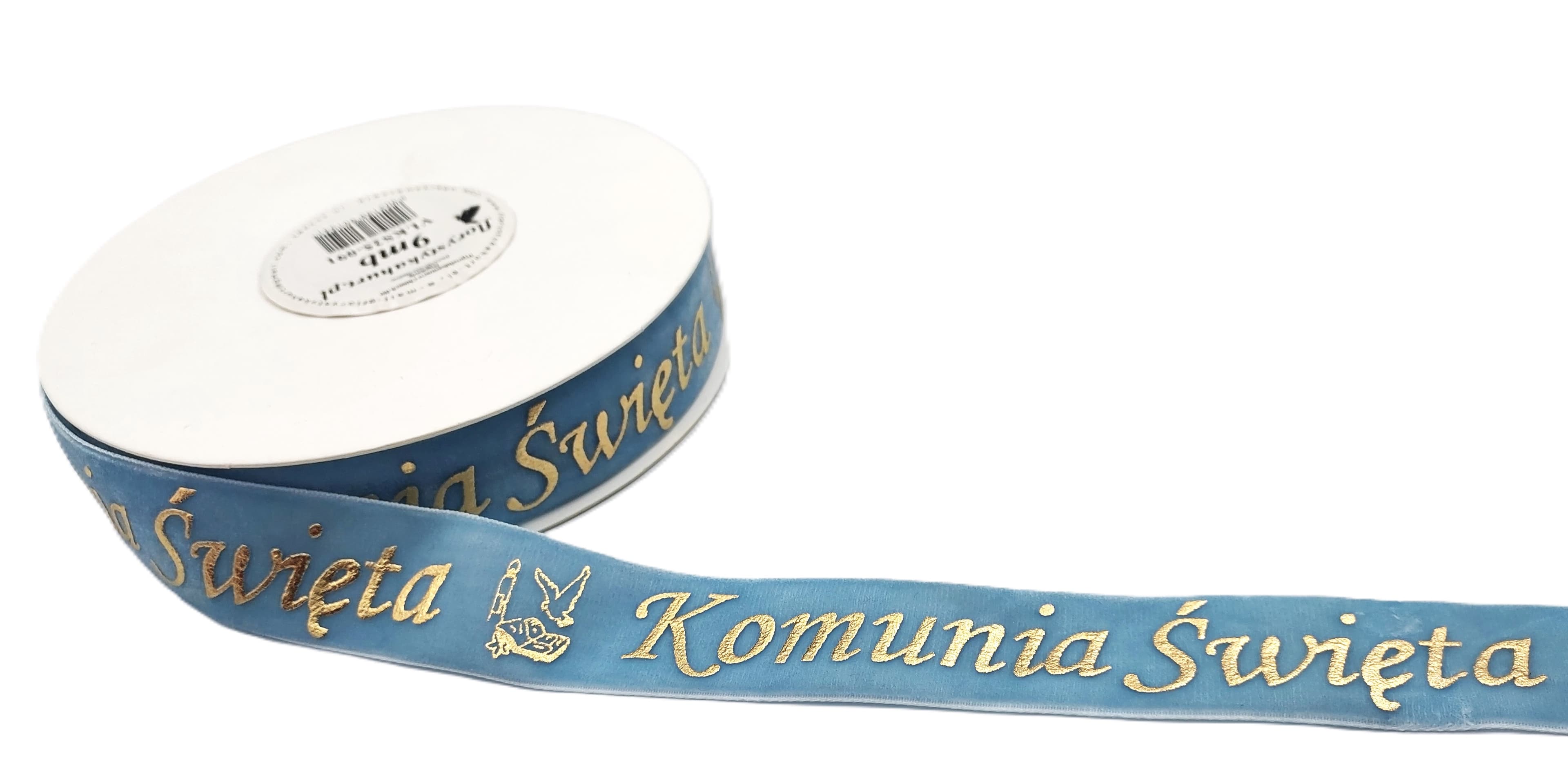 Wstążka velvetowa Komunia Święta, 25mm/9mb, błękit