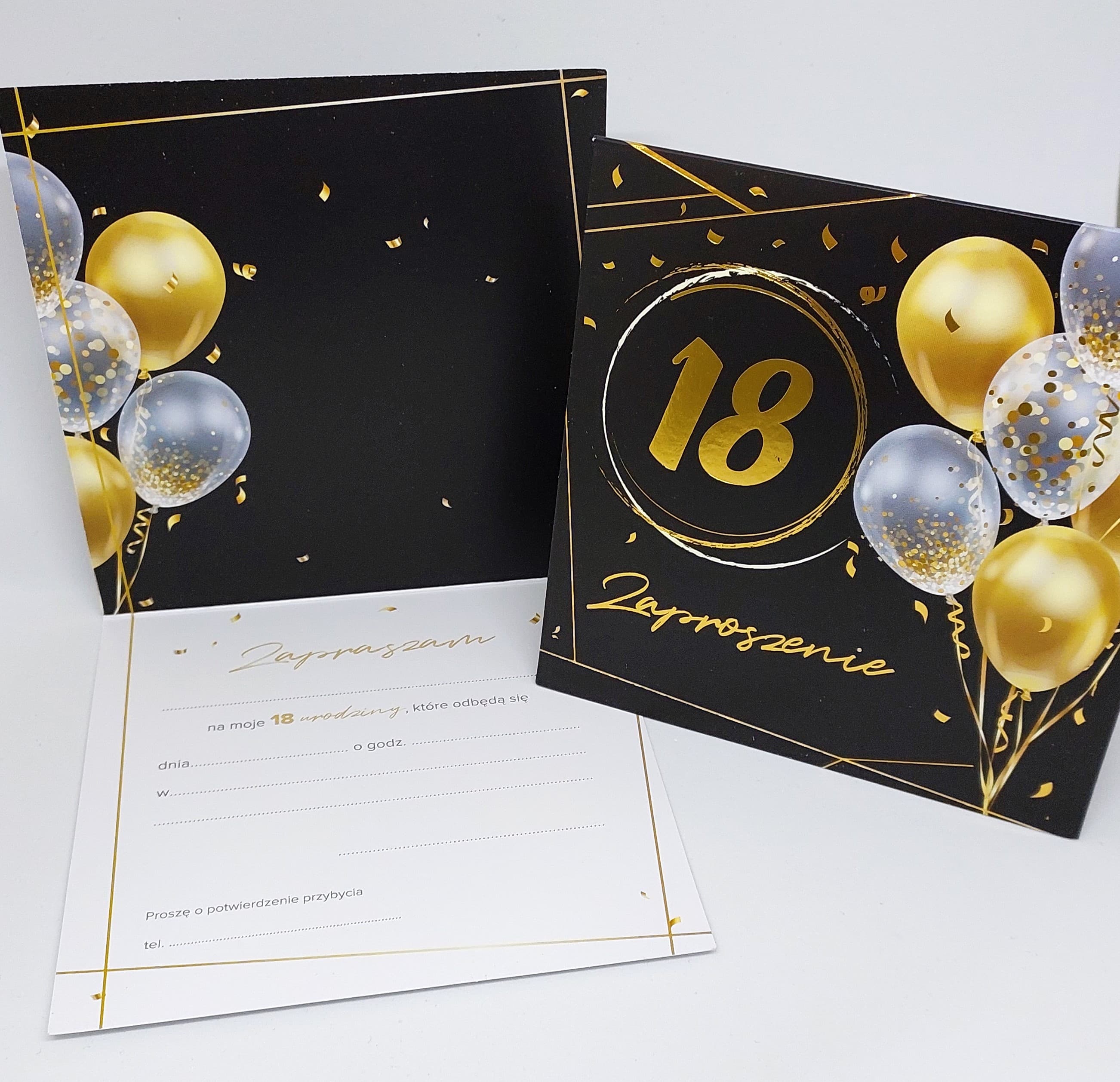 Zaproszenie czarne w balony na 18 URODZINY, 1 szt.