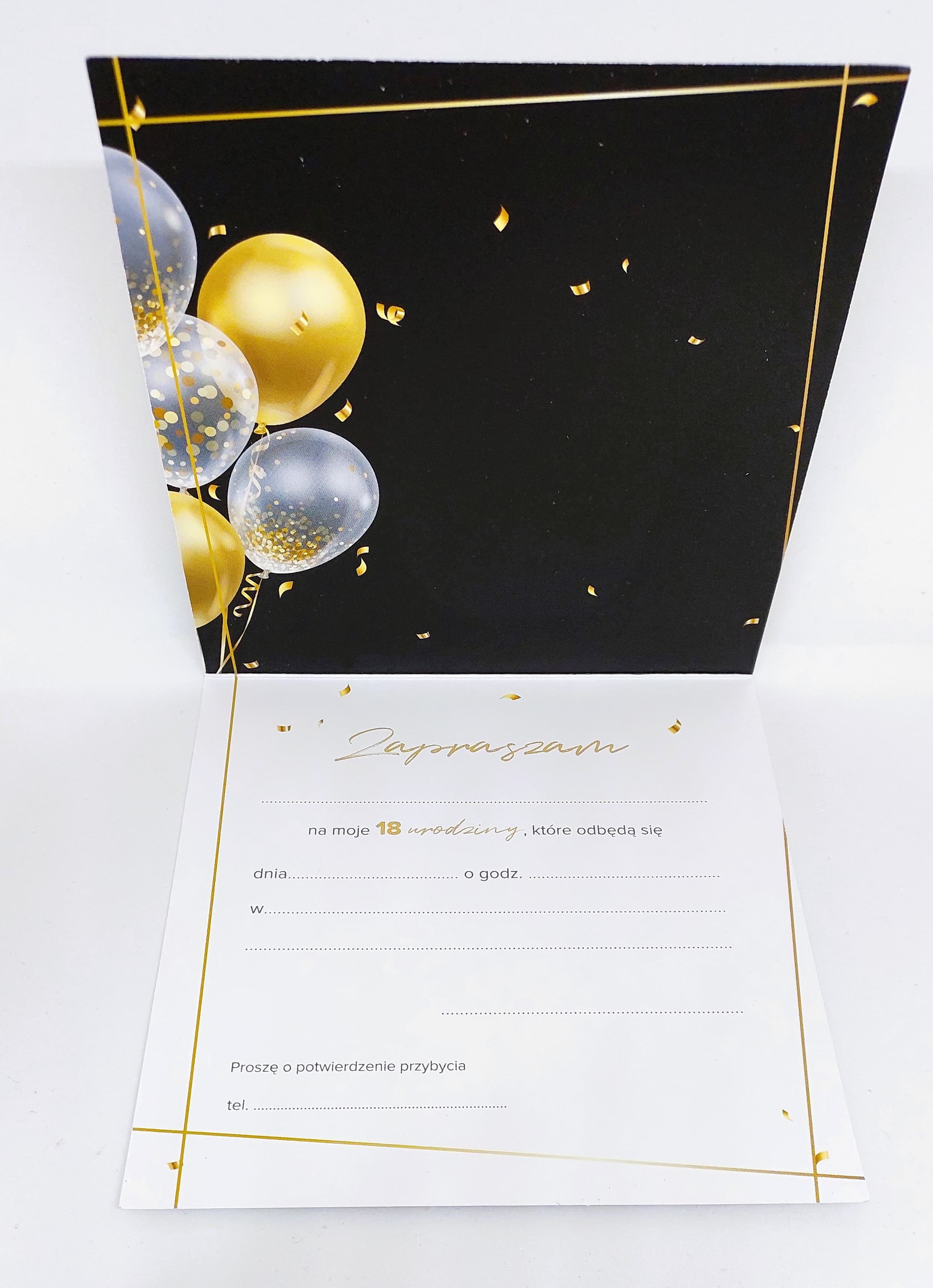 Zaproszenie czarne w balony na 18 URODZINY, 1 szt.