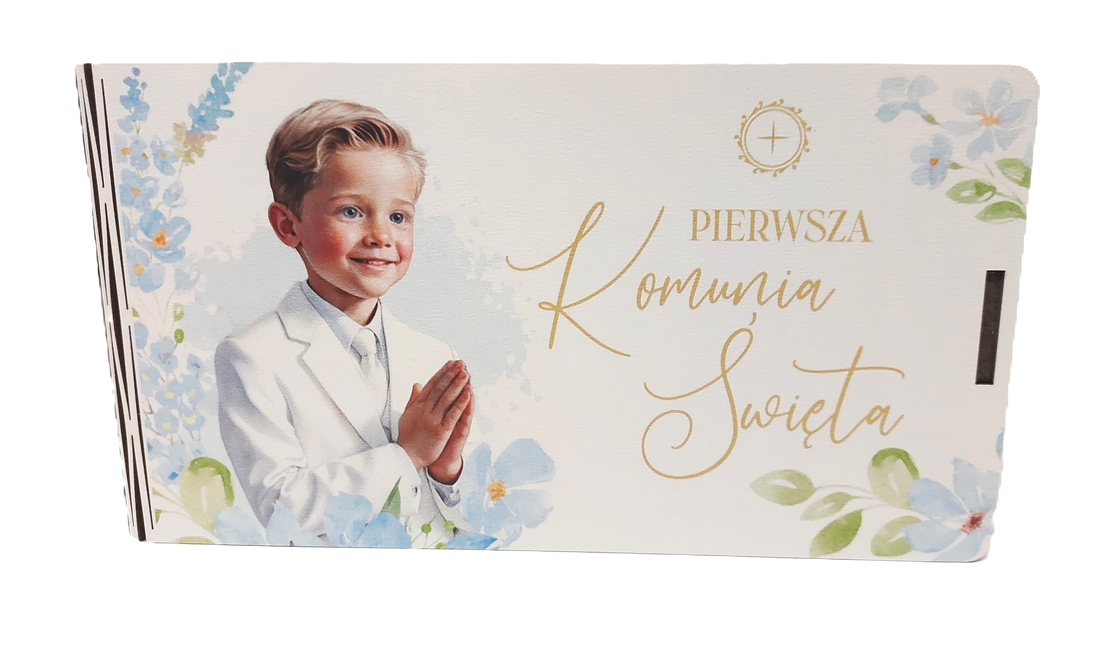 Pudełko drewniane na pieniądze Komunia chłopiec