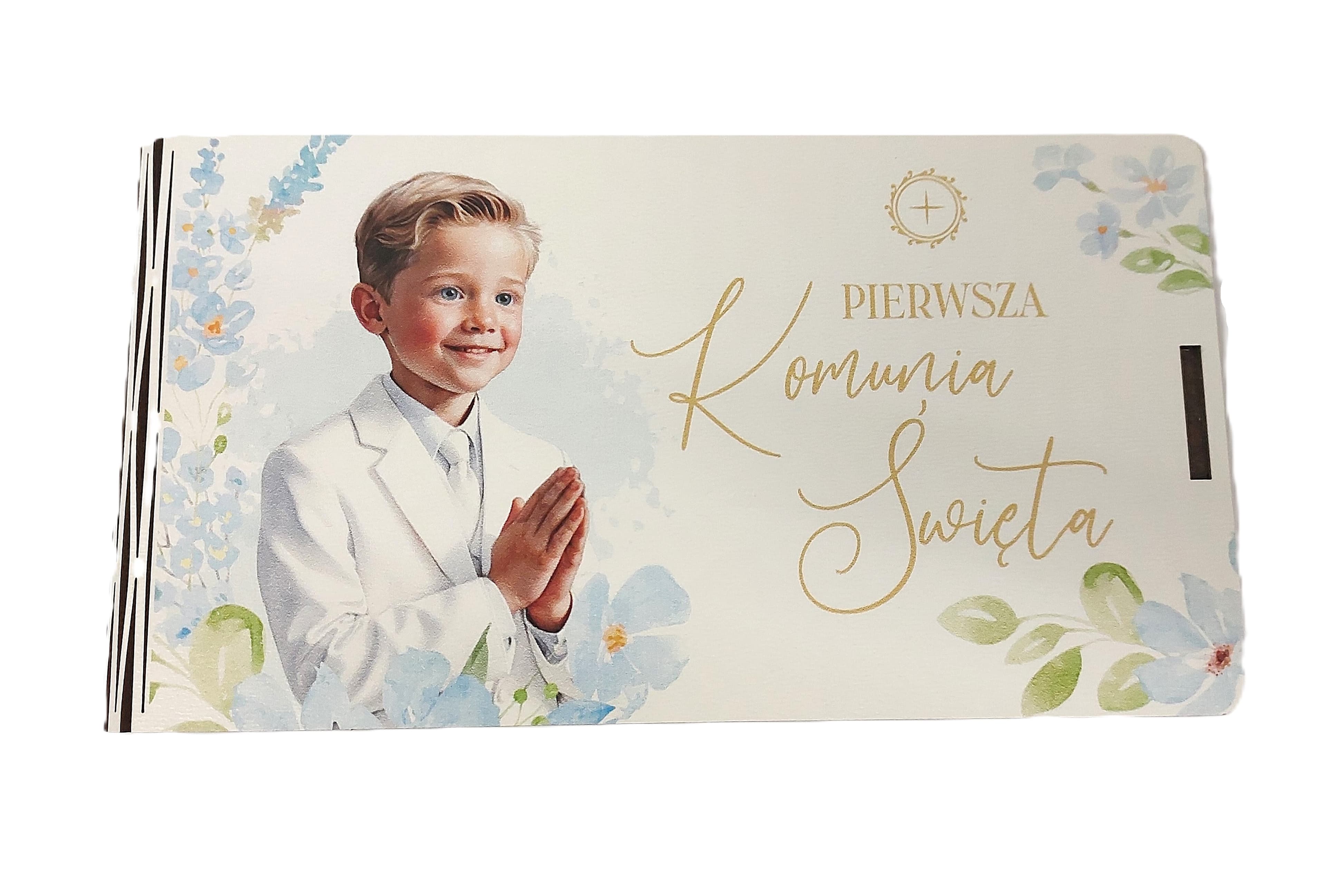 Pudełko drewniane na pieniądze Komunia chłopiec
