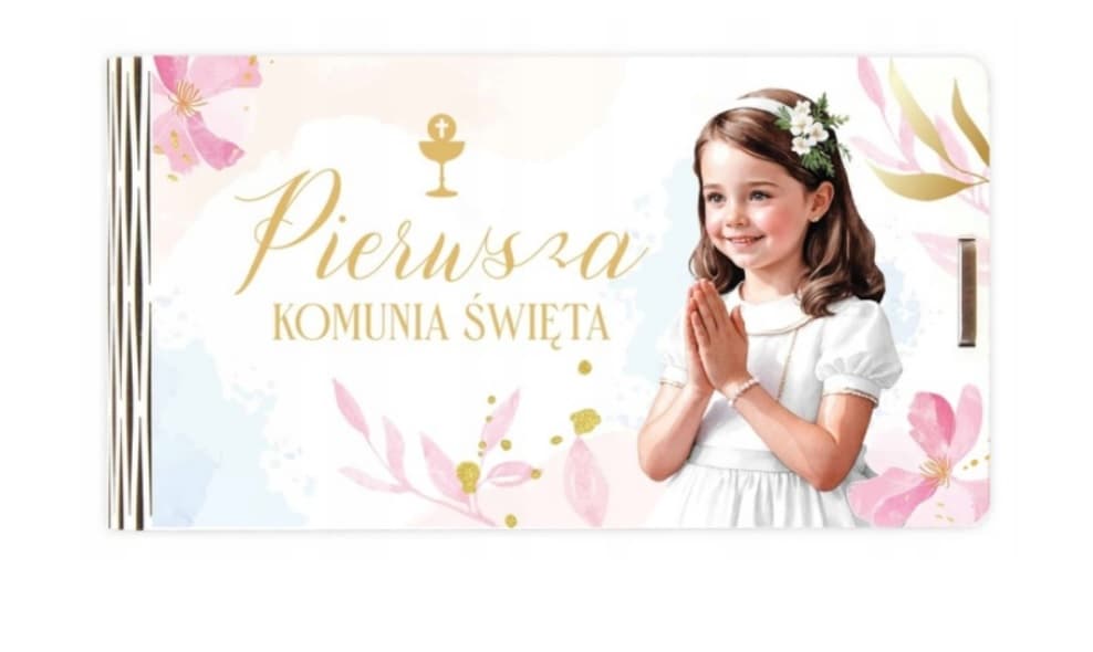 Pudełko drewniane na pieniądze Komunia dziewczynka